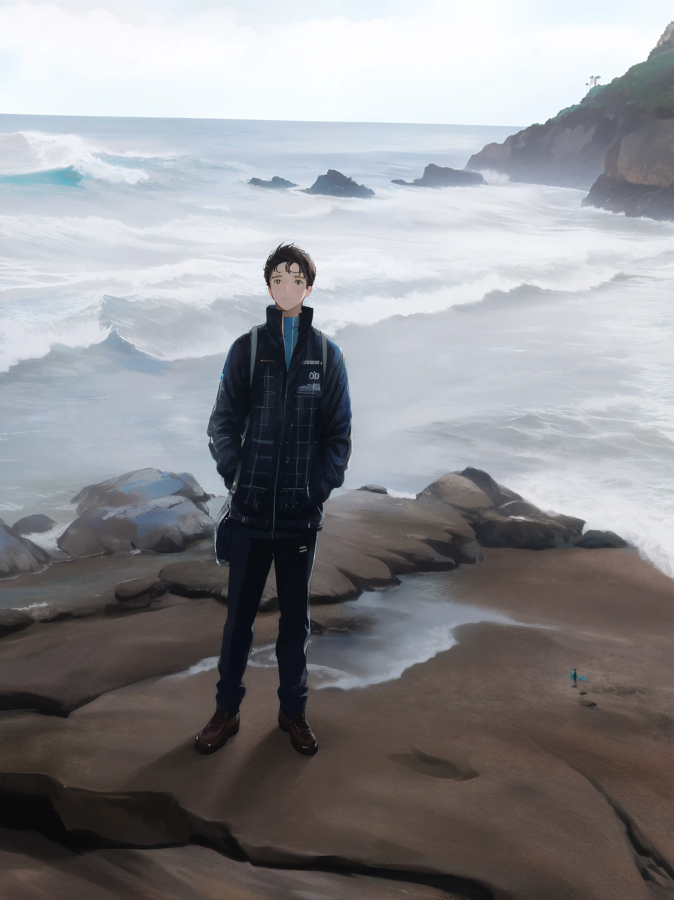 arafed man standing on a rock near the ocean, parado ao lado do oceano, standing on the rock, the oceano ao fundo, standing on a rock, standing near the beach, standing next to water, no mar, the sea and storms behind him, oceano ao fundo, posando em uma praia com o oceano, imagem de perfil, parado na praia