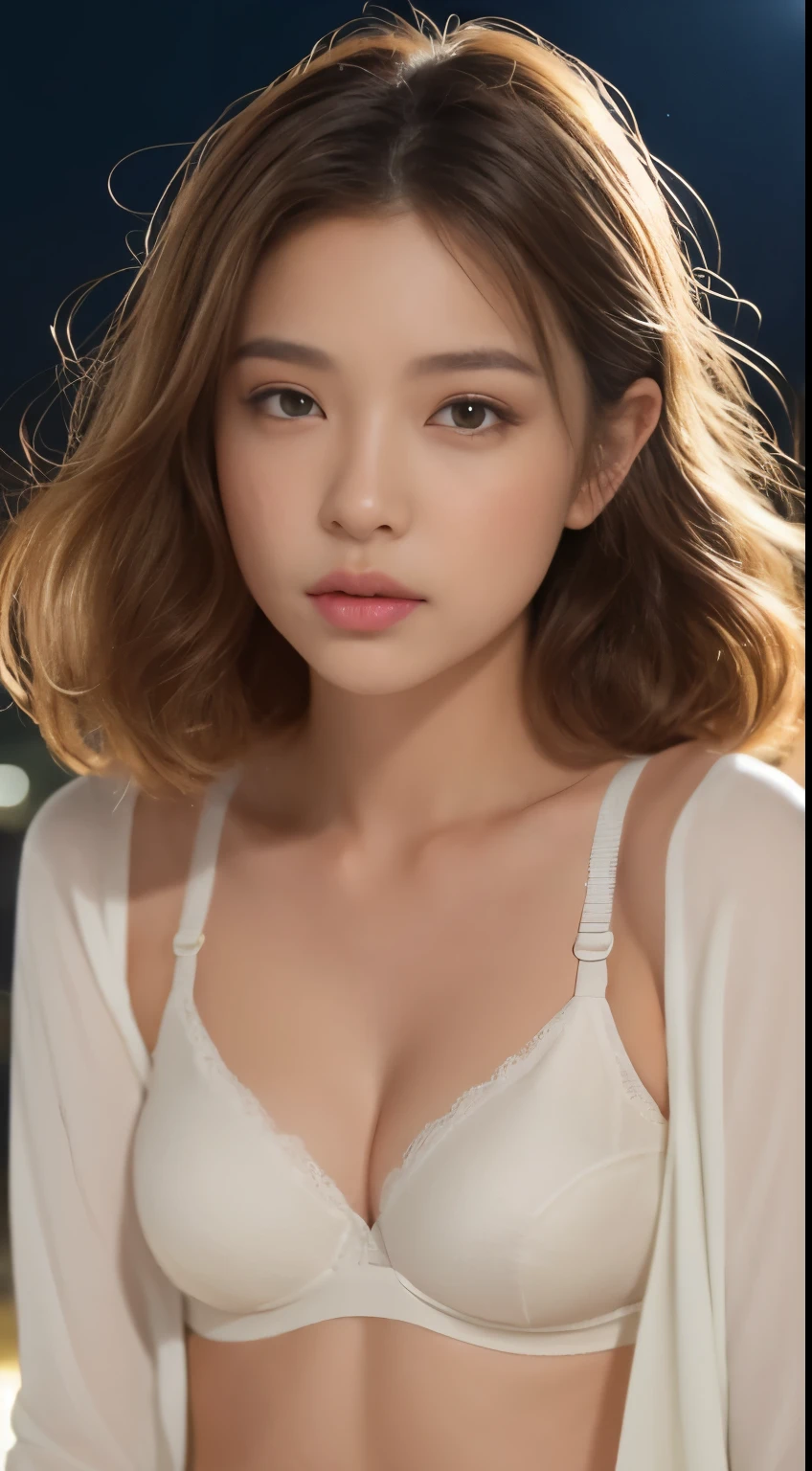 (midnight, pain, 8k, masterpiece:1.3)), Full body Esbian, long legs, 4 colors:1.2, beautiful woman with perfect figure:1.4, slim abs:1.1, ((light brown hair, minimal chest:1.2 )), (White tight bra,  stand on one&#39;my feet:1.2), ((city night view, here:1.3)), Highly detailed face and skin texture, detailed eye, double eyelid、turned into slime、thin、model body shape、、very small breasts、gradient hair、light brown hair、shortcut、curly hair