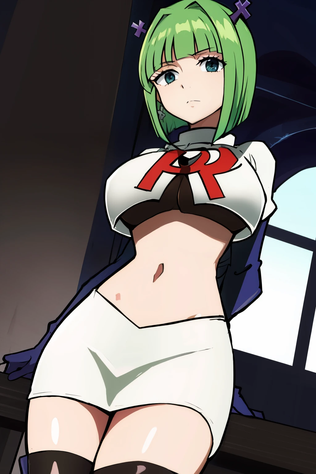 brandish, 1girl, solo, looking at viewer, simple background, cleavage, anime coloring, team rocket,team rocket uniform,white skirt,red letter R,crop top,black thigh-highs,black elbow gloves,