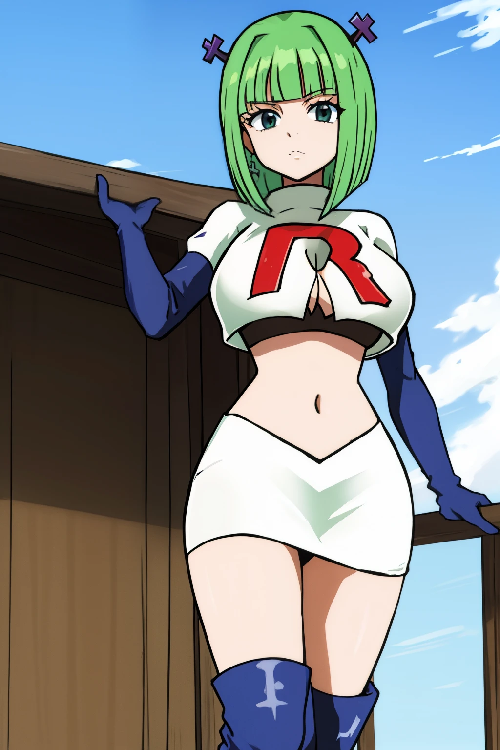 brandish, 1girl, solo, looking at viewer, simple background, cleavage, anime coloring, team rocket,team rocket uniform,white skirt,red letter R,crop top,black thigh-highs,black elbow gloves,