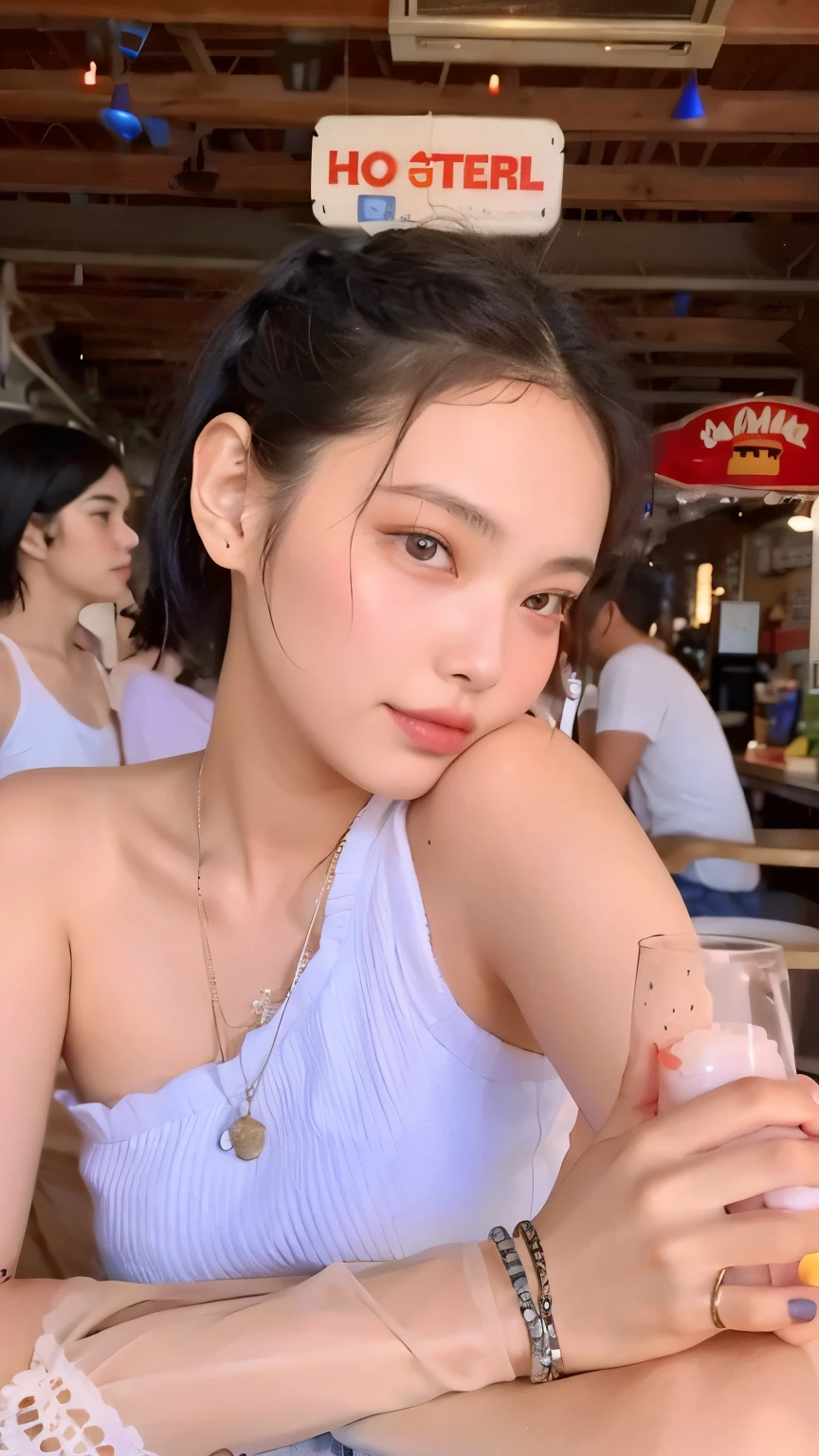 There is a woman sitting at a table with a sandwich in her hand, Violeta Myers, bella poarch, Retrato de Sophie Mudd, mujer camila mendes, taken in the early 2020s, She has a beautiful bone structure, ella parece una mezcla de grimes, sonrisa relajada en la cara, sin maquillaje, foto de perfil, Kailee Mandel, imagen de perfil
