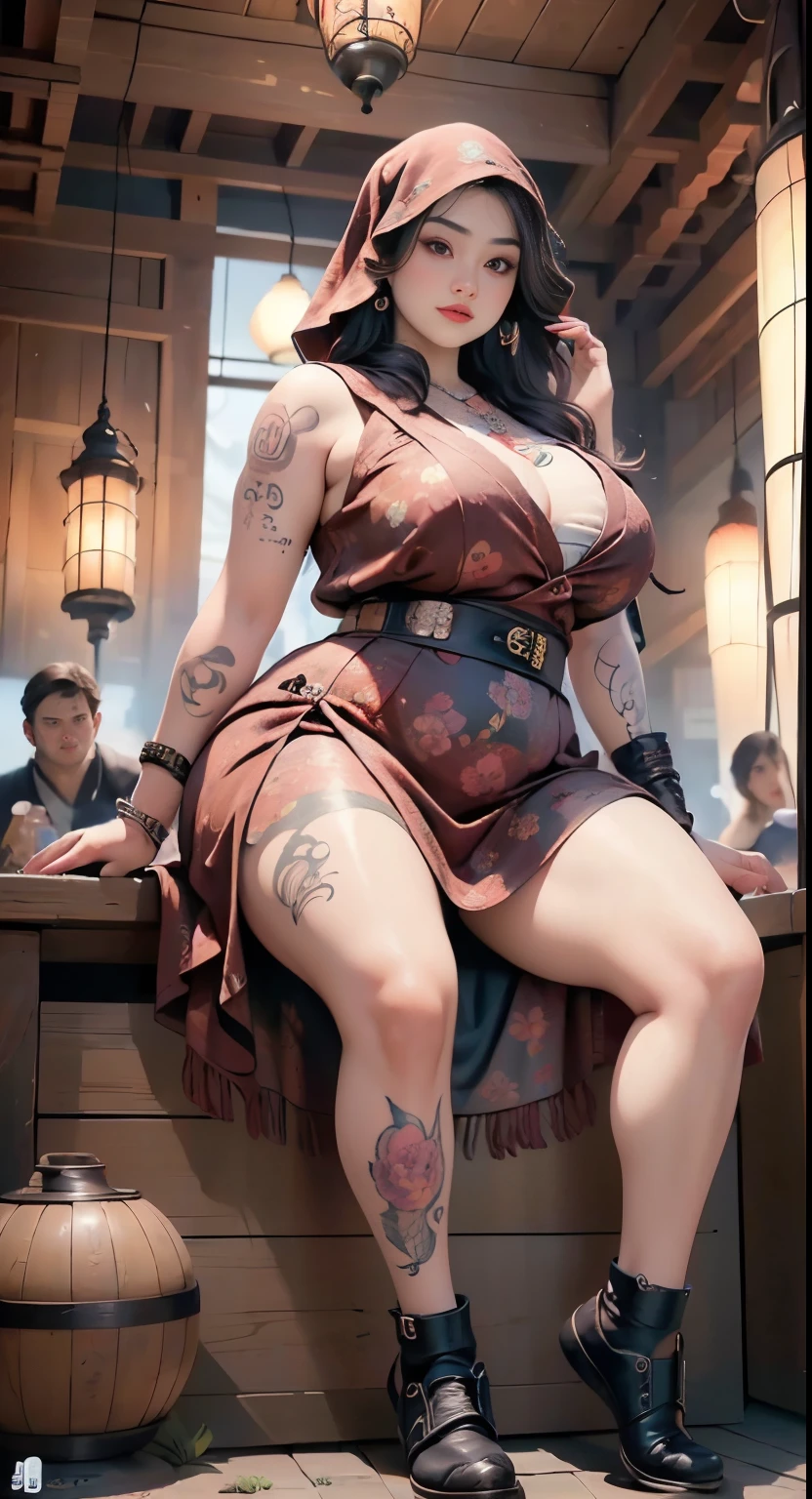 there is a woman sitting down with a longest brown hair, bbwchan, thicc, brown hijab outfit, brown hairstyle model, korean girl, korean woman, wearing brown robe, full length shot, alluring plus sized model, japanese goddess, clothed in hooded, voluptuous and arousing, portrait shot, curvy model, voluptuous body, wonderful, nene tanaka body , bbwchan, The overall atmosphere is smooth , haunting illustrations, extremely high-resolution details, photographic, realism pushed to extreme, fine texture, 4k, ultra-detailed, high quality, high contrast, red sneakers , cold atmosphere ,, cold atmosphere ,, ((Detailed texture of tattooed skin)), tattoo round breasts, irezumi tattoo style, tattoo on breasts, tttattoo, showing her thigh , tattoo on thigh, a close up of a woman with tattoos on her body, inked, tattooed body, fully tattooed body, tattooed, full-body tattoos, full - body tattoos, , full body tattoo, with tattoos, , tattoos, tattoos all over the skin, tattoos and piercings, ((Neka: 0.45)) LoRA, {{Big brother's tattooed woman Iremuzi tattoo style v1.0: 0.91}},, ((BohoAI v1.0 : 0.45))