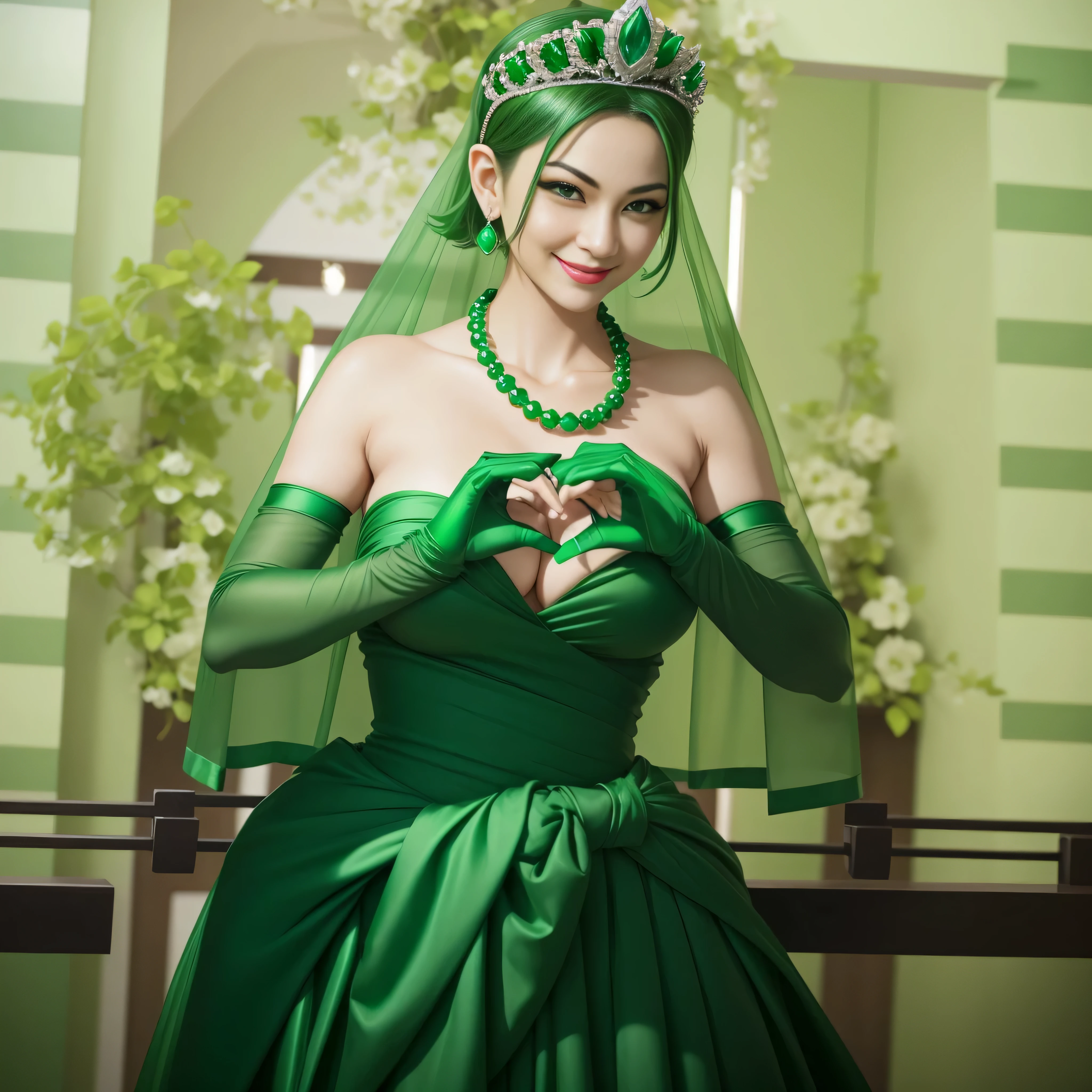 emerald tiara, Green Pearl Necklace, Boyish green berry short hair, lipstick, smiling Japanese woman, very short hair, big breasts beautiful, green eyes, green satin long gloves, green eyes, v sign, emerald earrings, Green veil, green lip gloss
