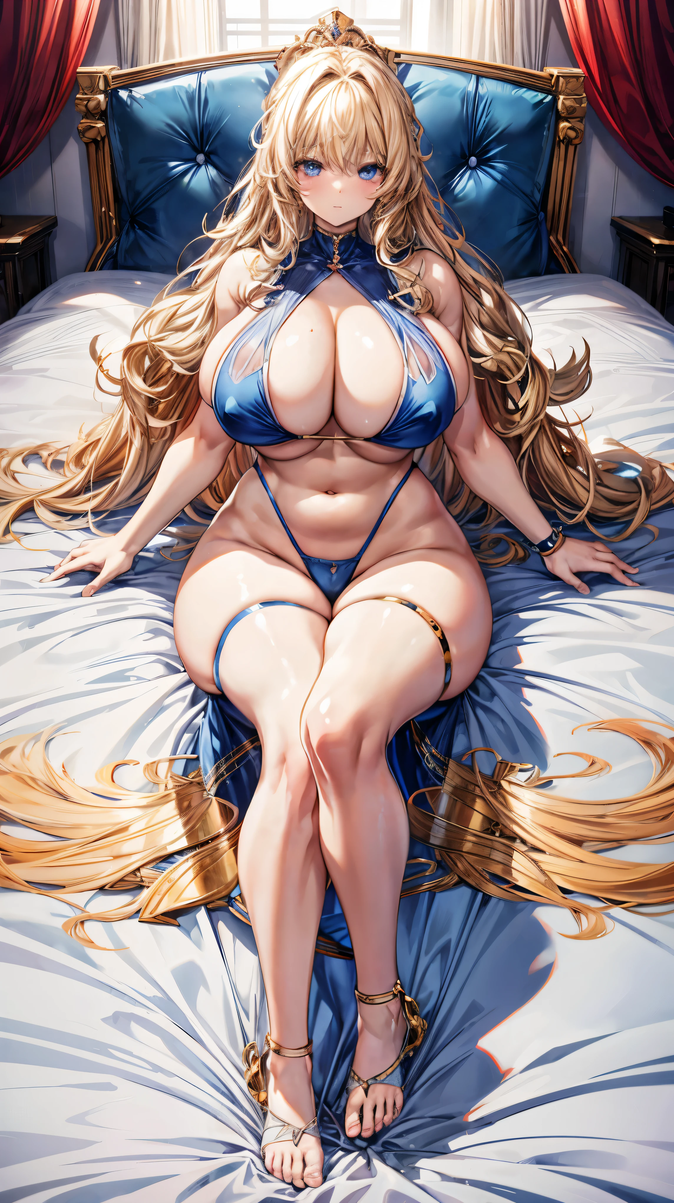 8K high quality、highest quality、anime face、anime eyes、Beautiful glowing blue eyes、big breasts、A chest that is about to burst、He looks comfortable lying on the bed、muscular body、muscular and muscular legs、blonde curly hair、full body bondage style、plump body