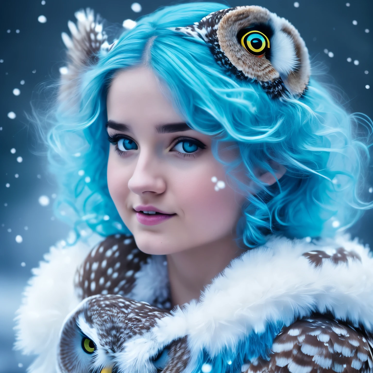 Princess, Queen girl, realistic image, ultra high definition picture, 8K resolution, 1 girl, ((3 owl, tyto alba)), snow, white atmosphere, blue neon hair, blue light,