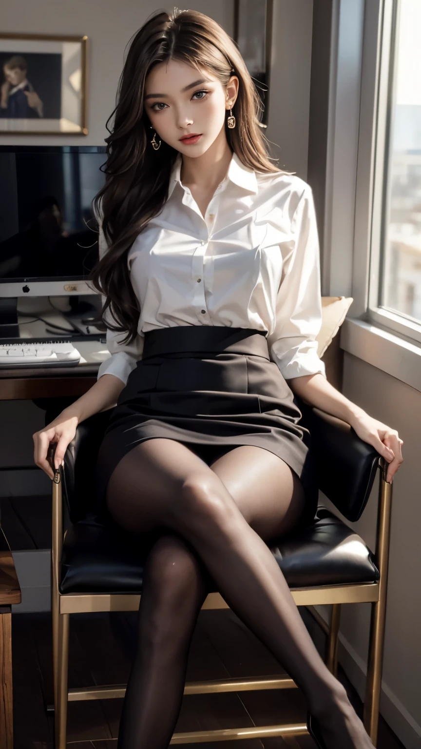 (Masterpiece), ((Best quality)), (Masterpiece,Best quality,offcial art,Extremely detailed Cg Unity 8K wallpaper), (the most Noble and beautiful), (Highly educated woman),Beauty photo, A lady,solo,(Elegant upper-class super elite secretary in a business shirt),Perfect look,Double eyelid eyes,Delicate makeup, working in an office,wearing a strict business suit, (Wear pantyhose),Wear high-end heels,Girl in shirt, dressed in a suit, huge tit,full bodyesbian,dressed in a suit, dressed in a suit, merchant, Business clothes, wearing black suits, Wear a shirt and skirt, Woman in a suit, Business attire,Computer chair,Seated,Erlang legs,high-heels,view the viewer,brightly,Complicated details,foot focus,from below,cool beauty,(tall girl),Dark brown hair, Small piercings,Precisely expresses details such as face and skin texture,(the most beautiful face and eye), double eyelid,delicate skin,slender body shape,alone,big breasts,(Wearing the most beautiful and noble small earrings)