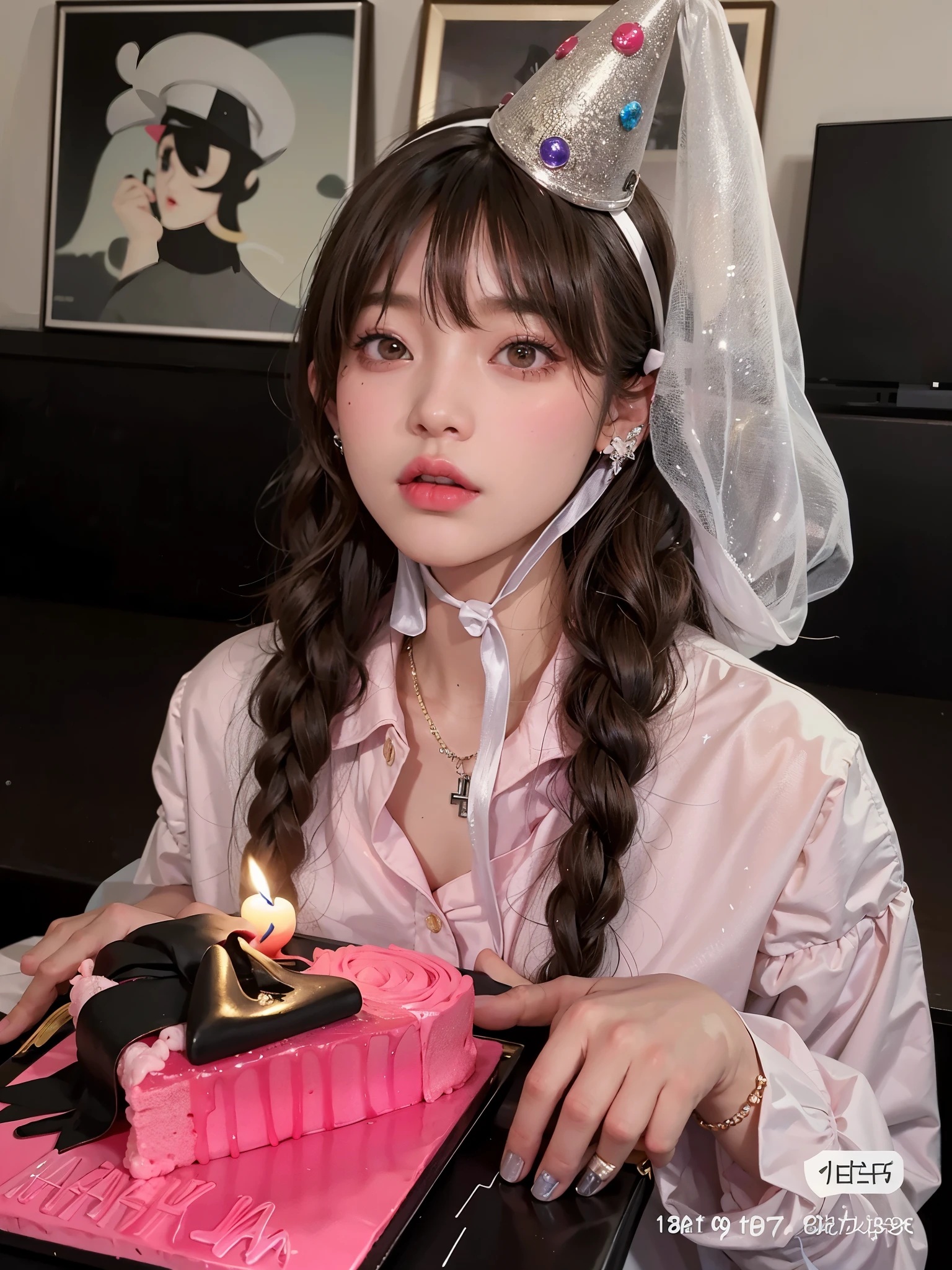 araffe with a birthday hat and a candle on a table, ulzzang, Lalisa Manoban de Blackpink, sakimichan, Lalisa Manobal, Happy Birthday, jossi de blackpink, 19 year old girl, bella delfina, holding a birthday cake, 18 years, e-chica, and - girl