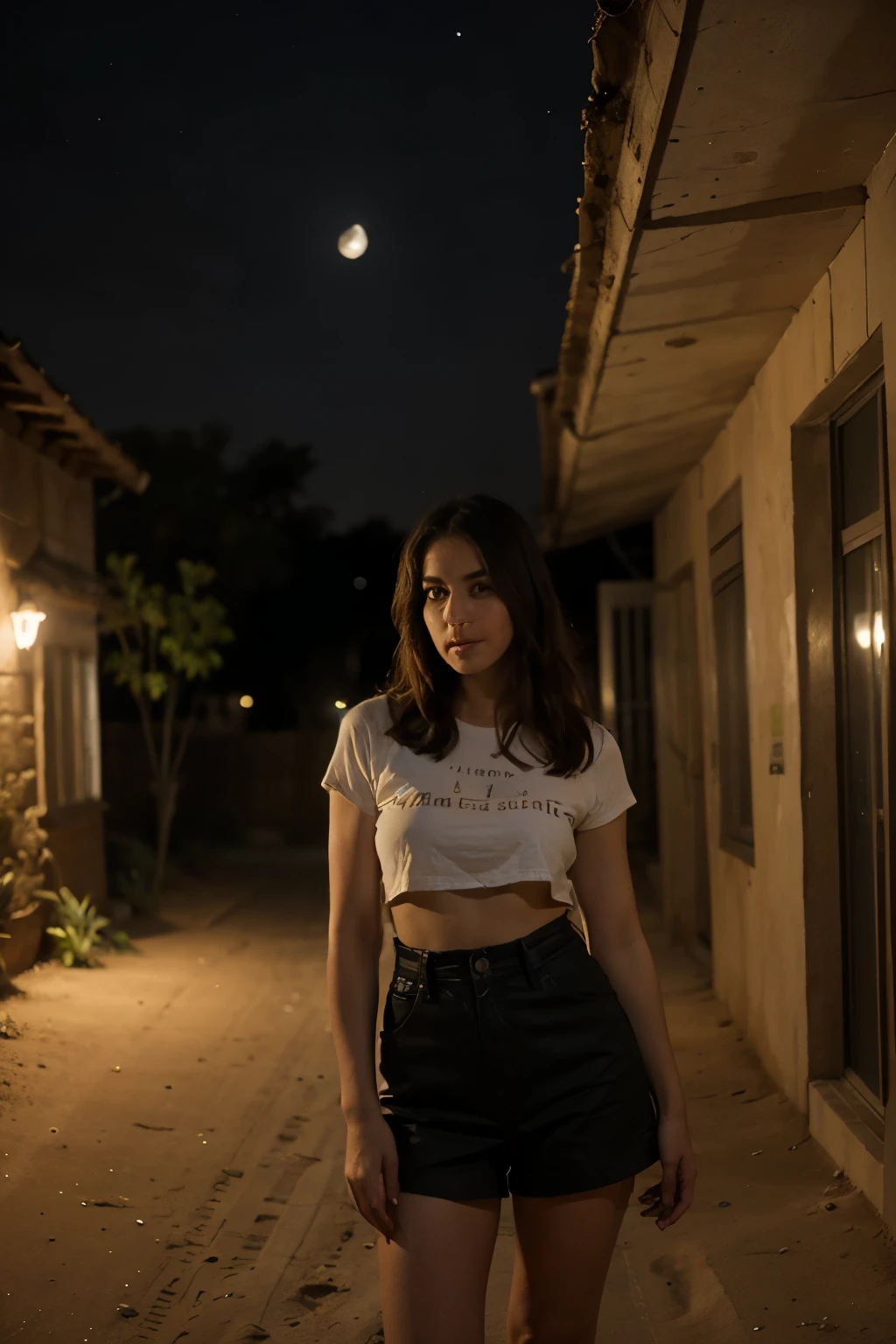 ((Mejor calidad)), ((Obra maestra)), (detallado), cara perfecta, mujer muy bonita, antiguo paisaje urbano, Noche, luz de la linterna, silueta del desierto, real, gran detalle, Noche