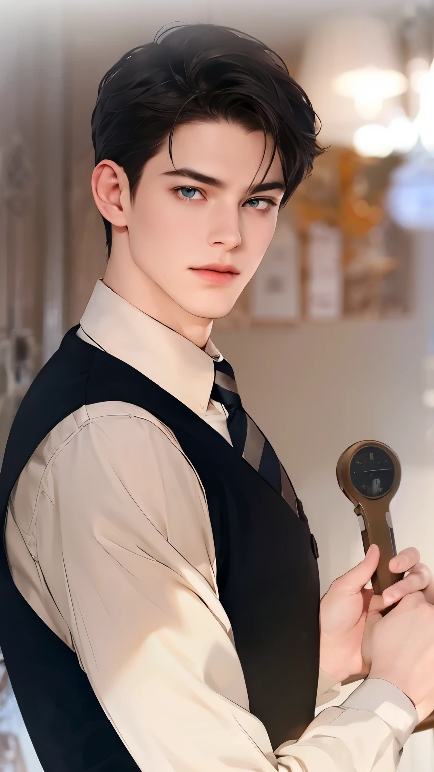 Masterpiece of man, Adult man with firm facial features like an Dutch, blue eyes, his nose is sharp, mature, blue eyes, neat short black hair, very handsome, white, clean, smooth skin