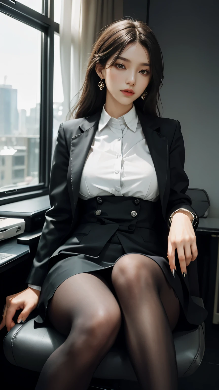 (Masterpiece), ((Best quality)), (Masterpiece,Best quality,offcial art,Extremely detailed Cg Unity 8K wallpaper), (the most Noble and beautiful), (Highly educated woman),Beauty photo, A lady,solo,(Elegant upper-class super elite secretary in a business shirt),Perfect look,Double eyelid eyes,Delicate makeup, working in an office,wearing a strict business suit, (Wear pantyhose),Wear high-end heels,Girl in shirt, dressed in a suit, huge tit,full bodyesbian,dressed in a suit, dressed in a suit, merchant, Business clothes, wearing black suits, Wear a shirt and skirt, Woman in a suit, Business attire,Computer chair,Seated,Erlang legs,high-heels,view the viewer,brightly,Complicated details,foot focus,from below,cool beauty,(tall girl),Dark brown hair, Small piercings,Precisely expresses details such as face and skin texture,(the most beautiful face and eye), double eyelid,delicate skin,slender body shape,alone,big breasts,(Wearing the most beautiful and noble small earrings)
