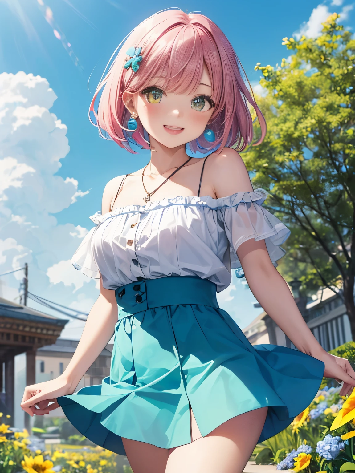 The arrival of spring、 (solo:1.5,)super detailed,bright colors, very beautiful detailed anime face and eyes, Look straight, ;D, shiny_skin,girl, bangs、((yellow eyes))、 ((pink hair short bob))、bangs above the eyebrows、short bangs、、shiny hair, delicate beautiful face, blush、(turquoise eyes), White skin, Barrette, earrings,、blue flower field、Tube top、mini skirt、