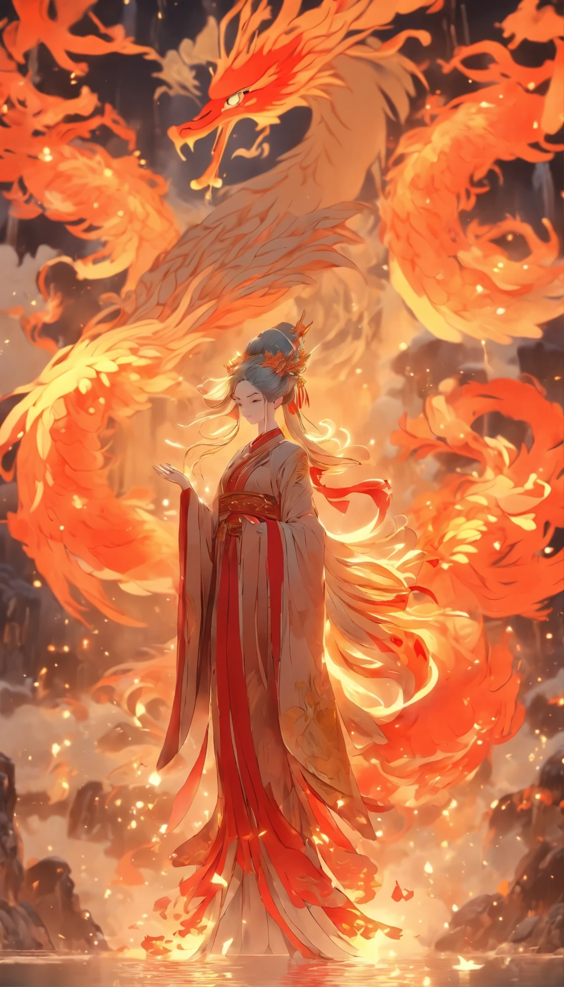 Chinese style,中景 the scene is,The goddess stands in front of a huge transparent phoenix,stretch out her hand,messy long hair,glow effect,surreal,Super real photos,Chinese black and white ink style,Silver,decolorization,soil,Ink color,8k,Super fine,high quality,Overclocked renderer