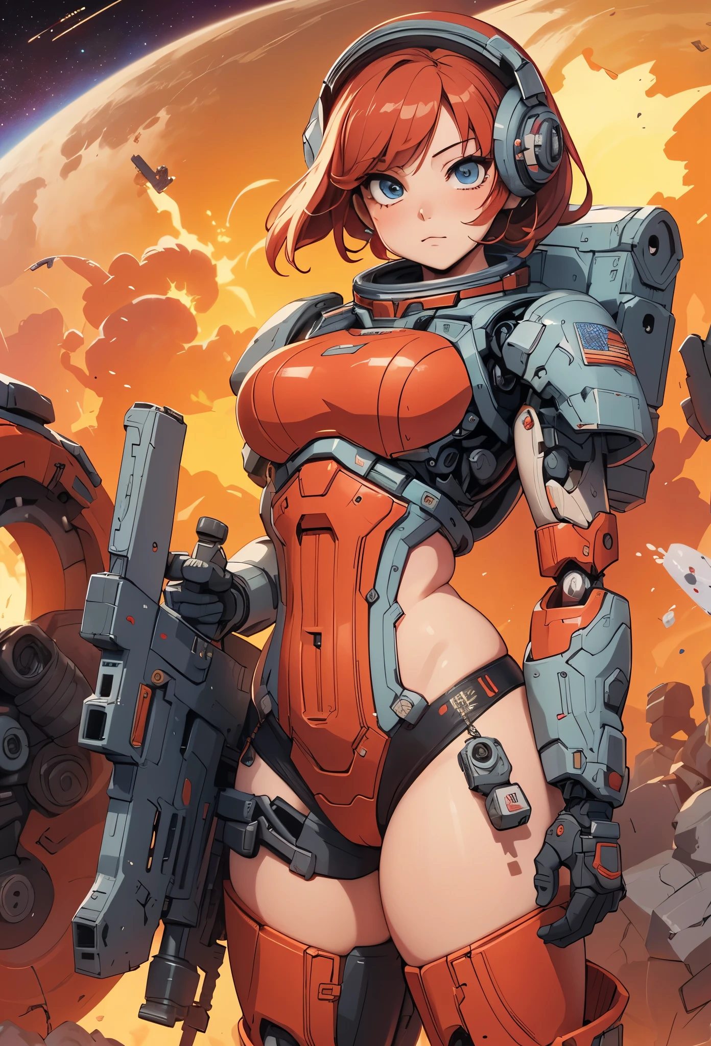 ((Highly accurate drawing in every detail)Extremely precise depiction)[High resolution],(detailed illustrations,とてもfineで緻密な描画,Delicate drawn lines with tempo,Realistic texture expression),[color traced main line],(space battlefield [Space Mobile Fortress]),[solo],HENTAI (((ANIME) BIONICGirl) Beauty  ((muscular) [Plump])) (Astronauts Cyborg) [space marines military [MASCHINEBODY]],bandolier javelin [[firearm machine gun bazooka] saber rifle ][[rocket pack]],zero gravity front,gravure [[white devil] [space battle]] battle damage,[retro future],(intricate and beautiful decoration [Dense detail]),(Fine and beautiful skin expression [transparency]),((Precisely drawn eyes))[完璧な目のdetailed((Beautiful eyes like jewels)Iris drawn in precise detail)[clearly drawn pupils]],[eye light[Pinpoint lighting for the eyes]],[long and beautiful eyelashes],[precisely drawn hair [美しく艷やかな髪のdetailed]],(完璧な手のdetailed [Beautiful fingers with no damage [beautiful nails]]),(perfect anatomy(perfectly balanced proportions))[[full body portrait]],[[Highly constructed design]][ideal color coordination(Accurate simulation of light and material interactions)],([precision detail](detailed,高fine)),[Visual art that tells a story],((highest quality)fine[[High density drawing]])(4K quality).