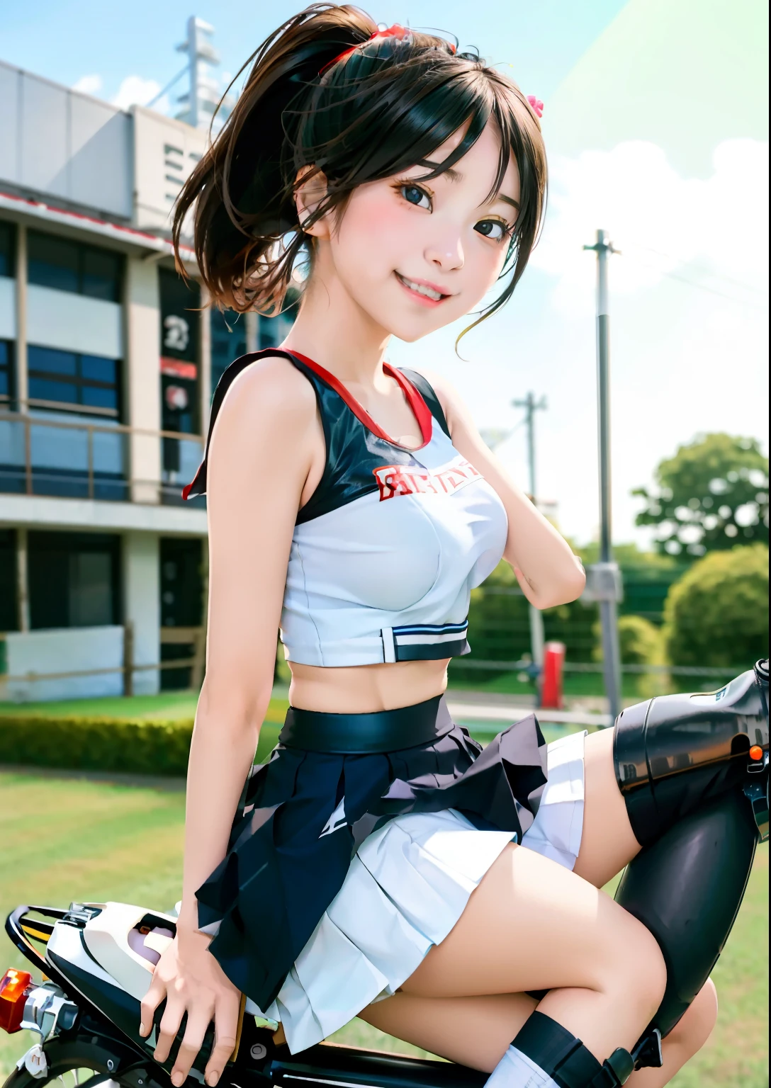 araffe girl in a white shirt and black skirt riding a red motorcycle, Japan  riding motorcycle,Honda Monkey、super mini skirt、white panties、ponytail、Happy!!!, , motorcycle,[ realistic pictures ]!!, High resolution,sleeveless、white panties a motorcycle, motorcycle, sitting on a motorcycle, anime girl cosplay, close up shot, akira motorcycle, Riding on motorcycle, sitting on a cyberpunk bike, Photographed with Sony α7R camera, real anime girl, Riding on motorcycle人, close up portrait shot, motorcycles