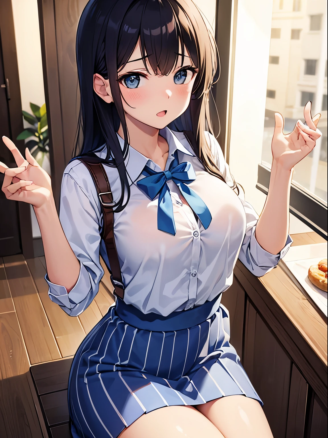 master piece, 4k,8k,perfect quality,20 years,Beautiful cute Japan woman,2man,medium breasts, blush,embarrassing, (Bare blue and white striped collar shirt:1.3),blue skirt,(At a shop you can trust:1.3),sitting,Raise your arms and get arrested with chains,(cum on chest:1.3),(crowded cafe)、(many people grabbing her breasts：1.3)