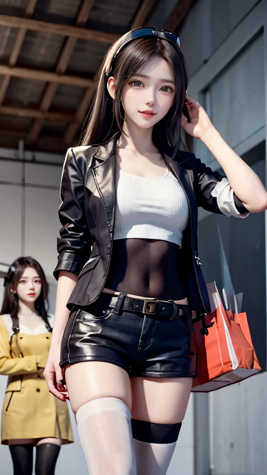 Carrot、Supermodel、perfect shape、Muchimuchi、Three girls are looking at the viewer、 3 girls、、Thighhighs、beautiful feet、hot pants、coat、cyber punk、headphone、gentle smile、Seen by girls from below、Innocent face