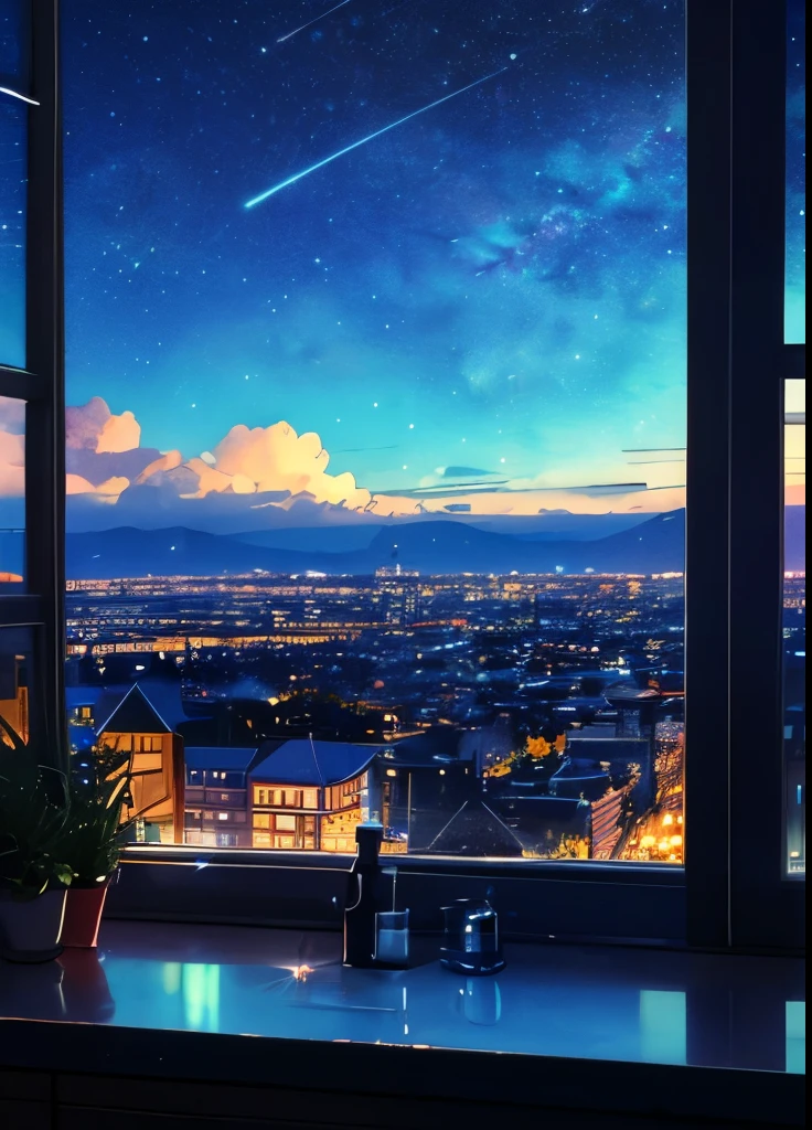 View near, window, window sill, glass, raining outside, water on the glass, tone blue, sadness, dark, night, star sky