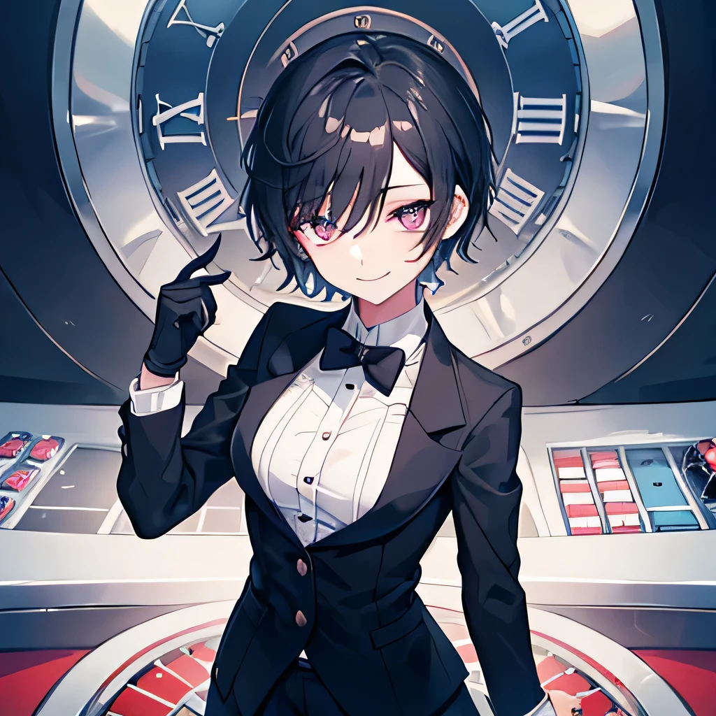 girl, Butler, Person whose gender cannot be determined, black hair, casino dealer, smile, Are standing, casino in the background, looking at the viewer, (small breasts:1.4), very short hair, silver eyes, boyish, slanted eyes, narrow eyes, (Clothes that do not expose skin:1.3), skin not visible, business suits and business shirts, gloves, mole, Upper body, From above, highest quality, pocket watch in hand