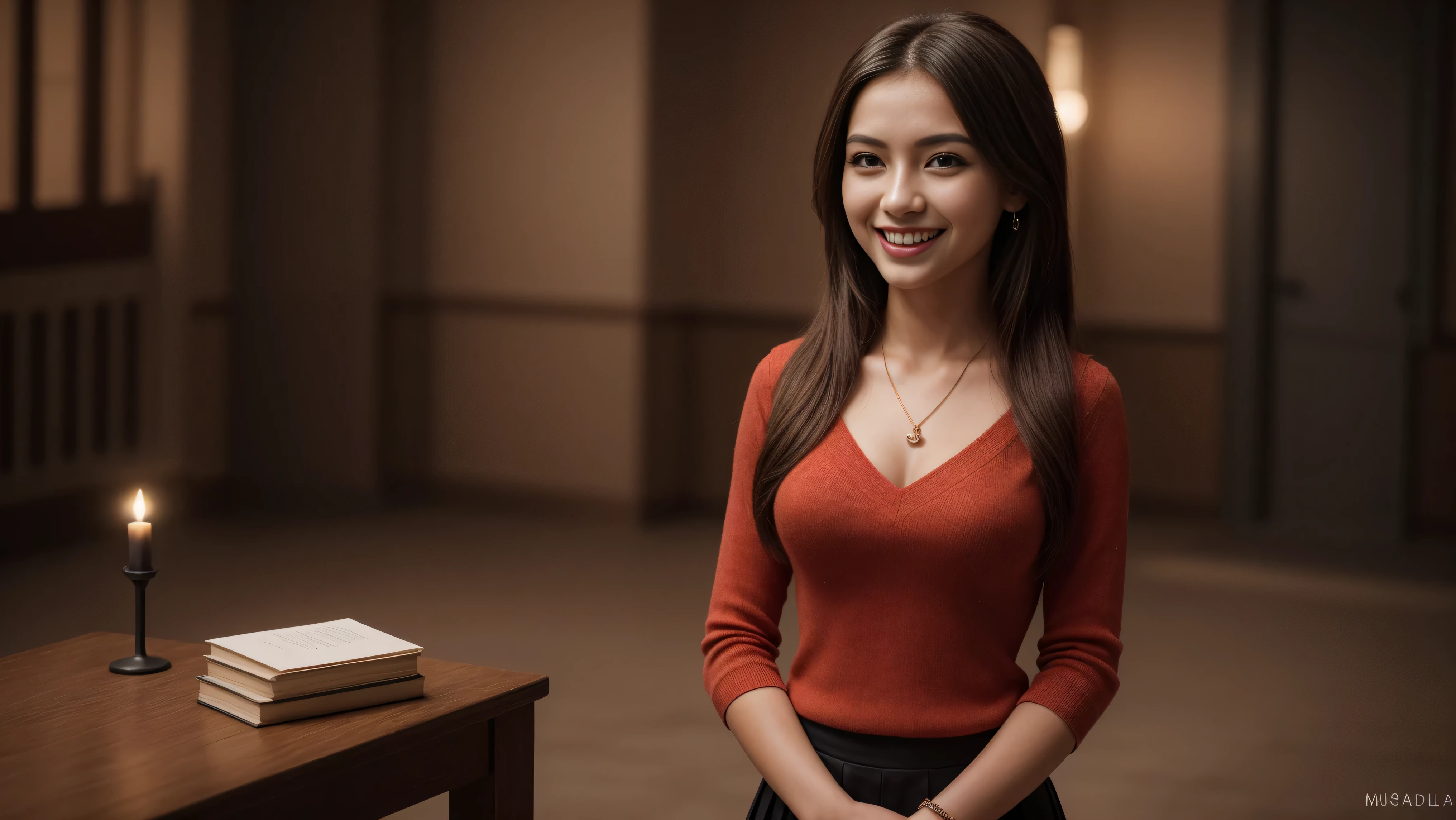 8k, masterpiece, RAW photo, best quality, photorealistic, extremely detailed CG unity 8k wallpaper, Depth of field, Cinematic Light, Lens Flare, Ray tracing, (extremely beautiful face, beautiful lips, beautiful eyes), intricate detail face, ((ultra detailed skin)), ((1girl:1.9)), (((alone:1.9))), ((17years old)), ((seductive pose)), studying alone in a classroom, nobody else, (beautiful and aesthetic:1.2),deep shadow, (sharp focus), [((Raiana-Elizabeth-Dilla:1.9))], pretty girl, (very slim slender fit-muscled body:1.9), ((beautiful legs:1.5)), (big smile:1.9), (happy expression), (((ultra-short ((red:1.5)) casual-style uniform with shirt and miniskirt))), clear eyes, ((studying scenery,books,aesthetic atmosphere,peaceful,serene,organized,minimalist design)), beautiful earrings, bracelets, necklace, red pendant, (pale skin), ((whole-body-view:1.9)), ((full-body:1.9, cinematic shot)), soft lighting, (long dark-black hairs), (looking at viewer:1.8), cleavage breasts, (large breasts:1.4), highly detailed, ultra realistic, extremely detailed and realistic ((red:1.5)) clothes.