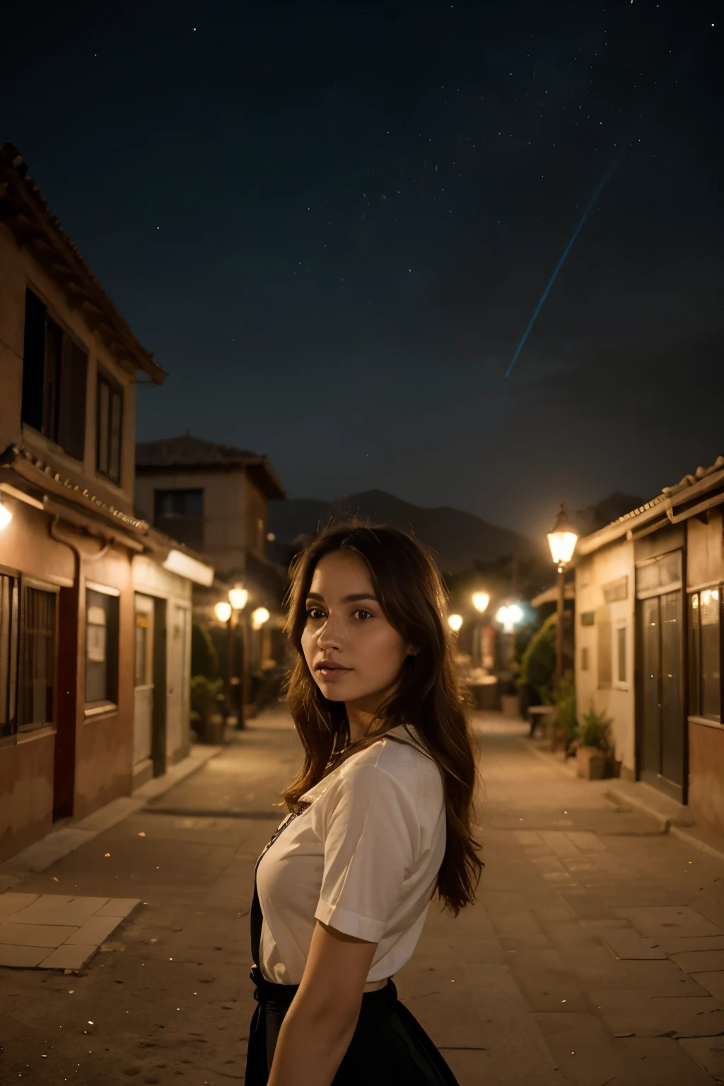 ((Mejor calidad)), ((Obra maestra)), (detallado), cara perfecta, mujer muy bonita, antiguo paisaje urbano, Noche, luz de la linterna, silueta del desierto, real, gran detalle, Noche