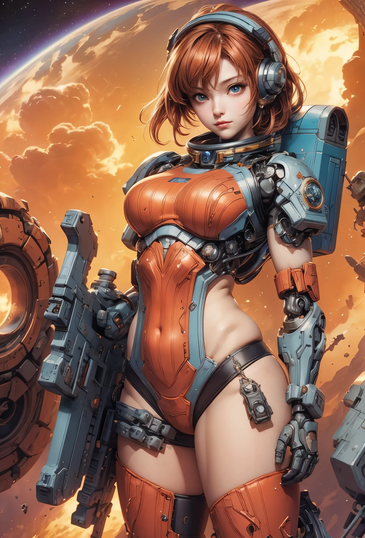 ((Highly accurate drawing in every detail)Extremely precise depiction)[High resolution],(detailed illustrations,とてもfineで緻密な描画,Delicate drawn lines with tempo,Realistic texture expression),[color traced main line],(space battlefield [Space Mobile Fortress]),[solo],HENTAI (((ANIME) BIONICGirl) Beauty  ((muscular) [Plump])) (Astronauts Cyborg) [space marines military [MASCHINEBODY]],bandolier javelin [[firearm machine gun bazooka] saber rifle ][[rocket pack]],zero gravity front,gravure [[white devil] [space battle]] battle damage,[retro future],(intricate and beautiful decoration [Dense detail]),(Fine and beautiful skin expression [transparency]),((Precisely drawn eyes))[完璧な目のdetailed((Beautiful eyes like jewels)Iris drawn in precise detail)[clearly drawn pupils]],[eye light[Pinpoint lighting for the eyes]],[long and beautiful eyelashes],[precisely drawn hair [美しく艷やかな髪のdetailed]],(完璧な手のdetailed [Beautiful fingers with no damage [beautiful nails]]),(perfect anatomy(perfectly balanced proportions))[[full body portrait]],[[Highly constructed design]][ideal color coordination(Accurate simulation of light and material interactions)],([precision detail](detailed,高fine)),[Visual art that tells a story],((highest quality)fine[[High density drawing]])(4K quality).