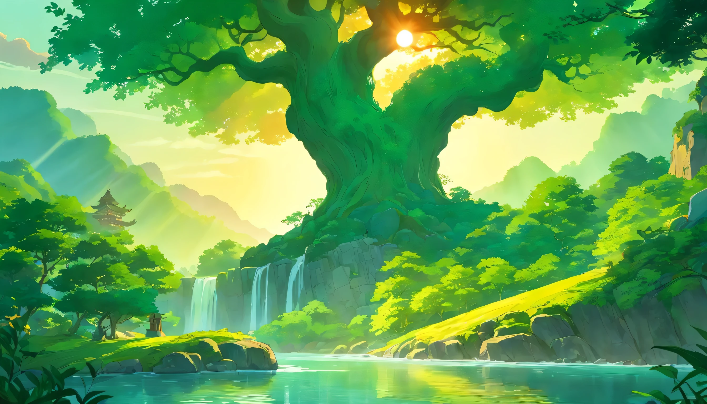 Chinese Landscape Ink Painting low Angle Perspective OC Rendered Sculpture, green forest, one big tree on side, waterfall and river on side, sunset vibes with sun, 4K