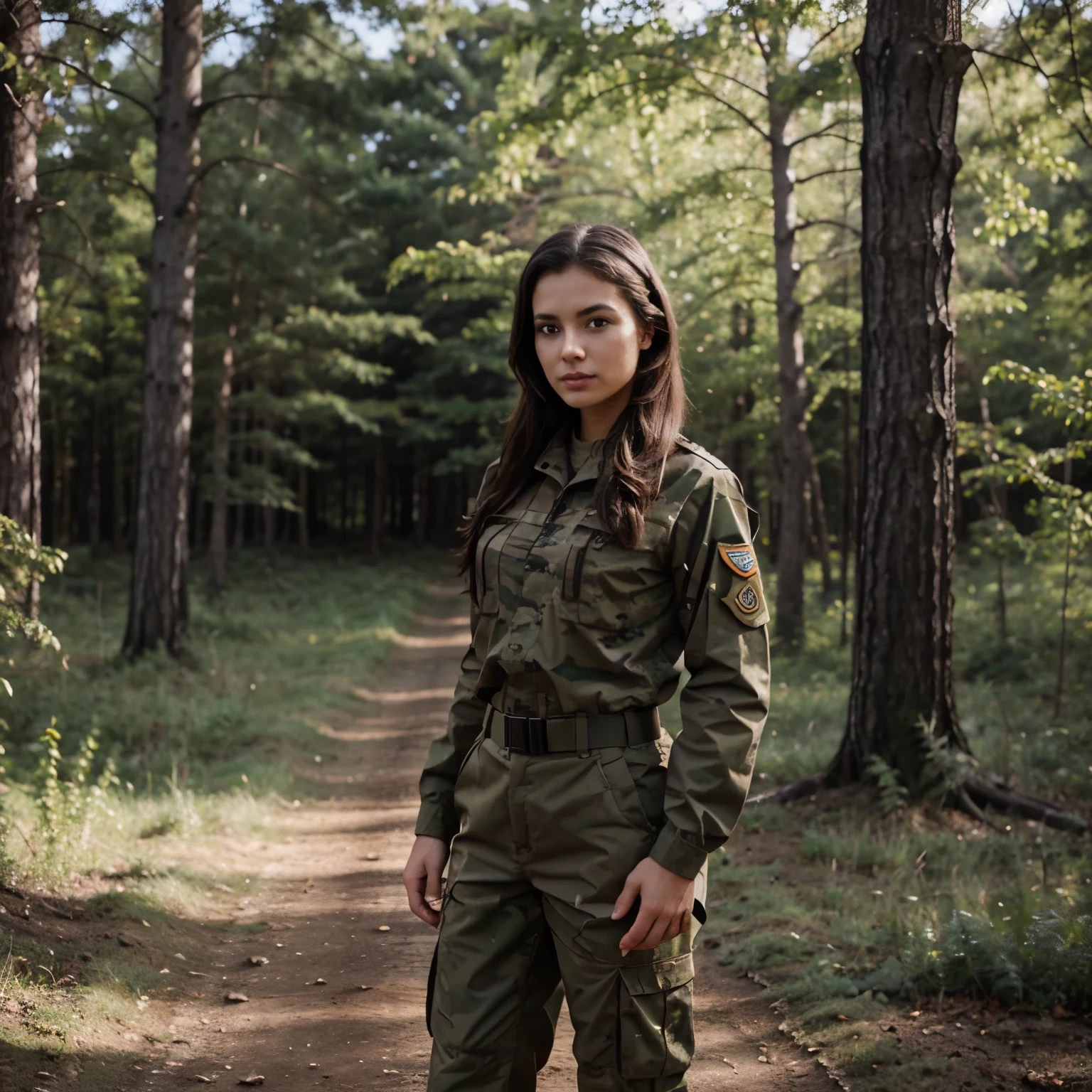 Beautiful military girl standing in forest