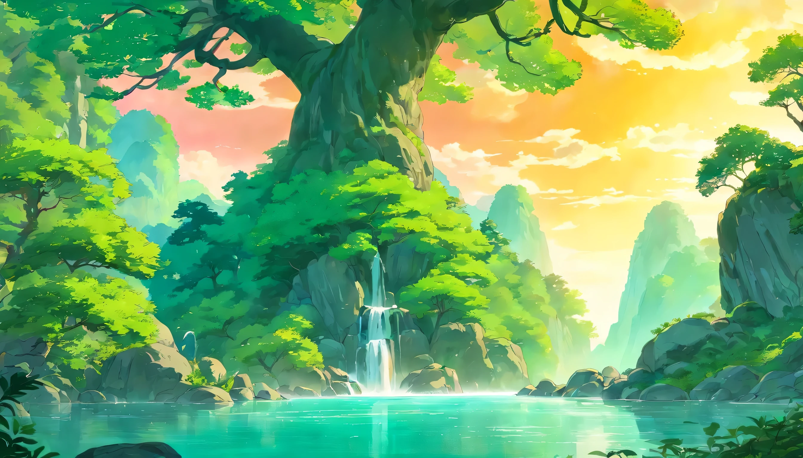 Chinese Landscape Ink Painting low Angle Perspective OC Rendered Sculpture, green forest, one big tree on side, waterfall and river on side, sunset vibes with sun, 4K