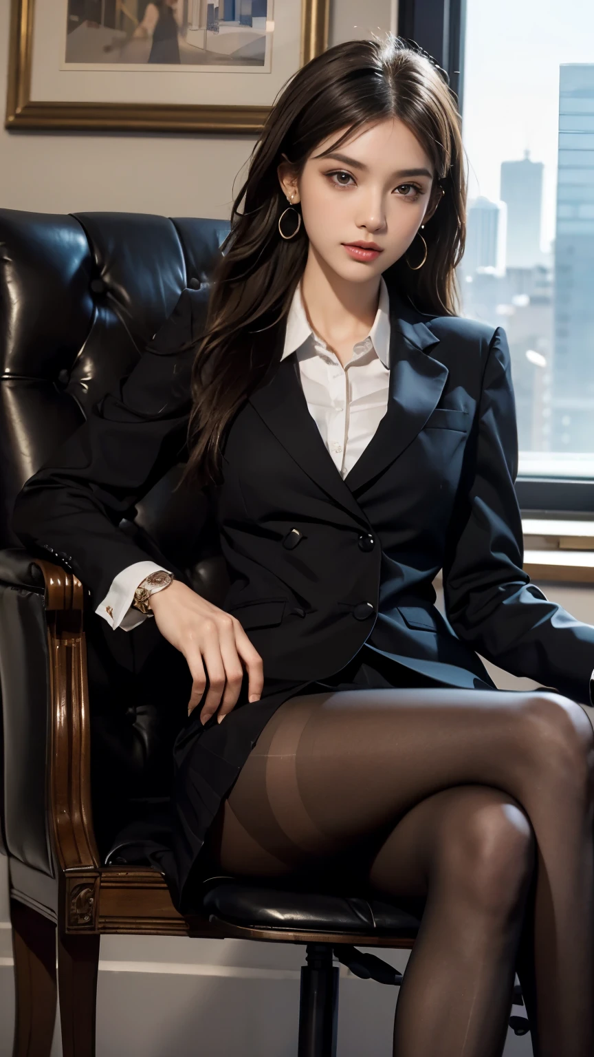 (Masterpiece), ((Best quality)), (Masterpiece,Best quality,offcial art,Extremely detailed Cg Unity 8K wallpaper), (the most Noble and beautiful), (Highly educated woman),Beauty photo, A lady,solo,(Elegant upper-class super elite secretary in a business shirt),Perfect look,Double eyelid eyes,Delicate makeup, working in an office,wearing a strict business suit, (Wear pantyhose),Wear high-end heels,Girl in shirt, dressed in a suit, huge tit,full bodyesbian,dressed in a suit, dressed in a suit, merchant, Business clothes, wearing black suits, Wear a shirt and skirt, Woman in a suit, Business attire,Computer chair,Seated,Erlang legs,high-heels,view the viewer,brightly,Complicated details,foot focus,from below,cool beauty,(tall girl),Dark brown hair, Small piercings,Precisely expresses details such as face and skin texture,(the most beautiful face and eye), double eyelid,delicate skin,slender body shape,alone,big breasts,(Wearing the most beautiful and noble small earrings),(Wearing a noble women's watch)