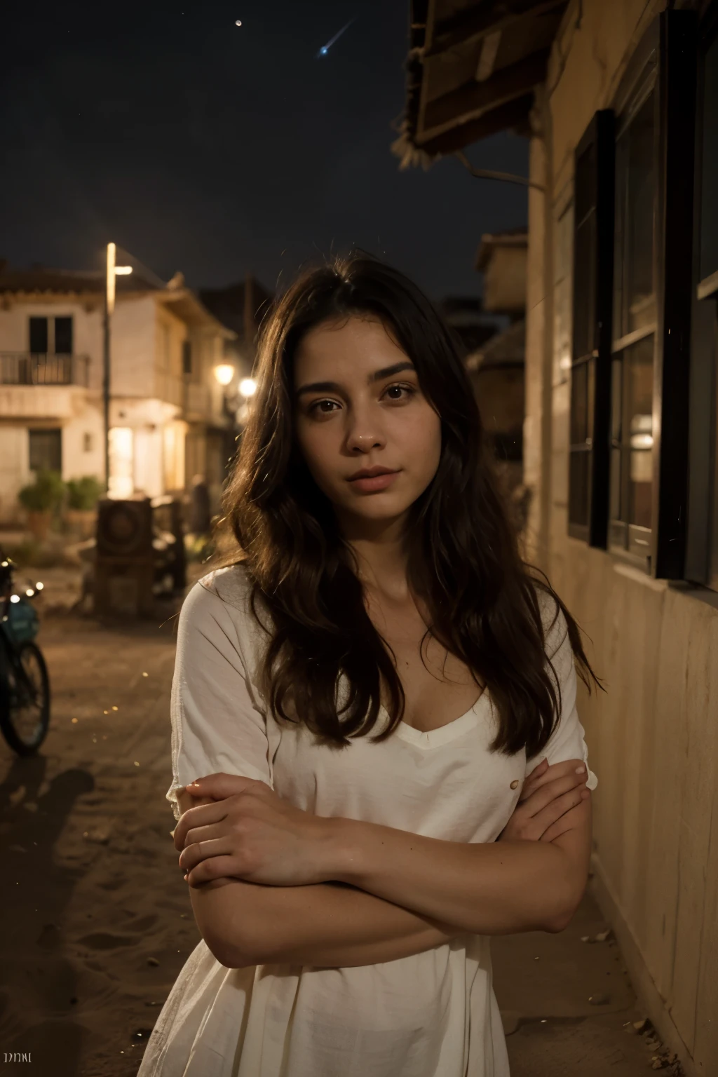 ((Mejor calidad)), ((Obra maestra)), (detallado), cara perfecta, mujer muy bonita, antiguo paisaje urbano, Noche, luz de la linterna, silueta del desierto, real, gran detalle, Noche