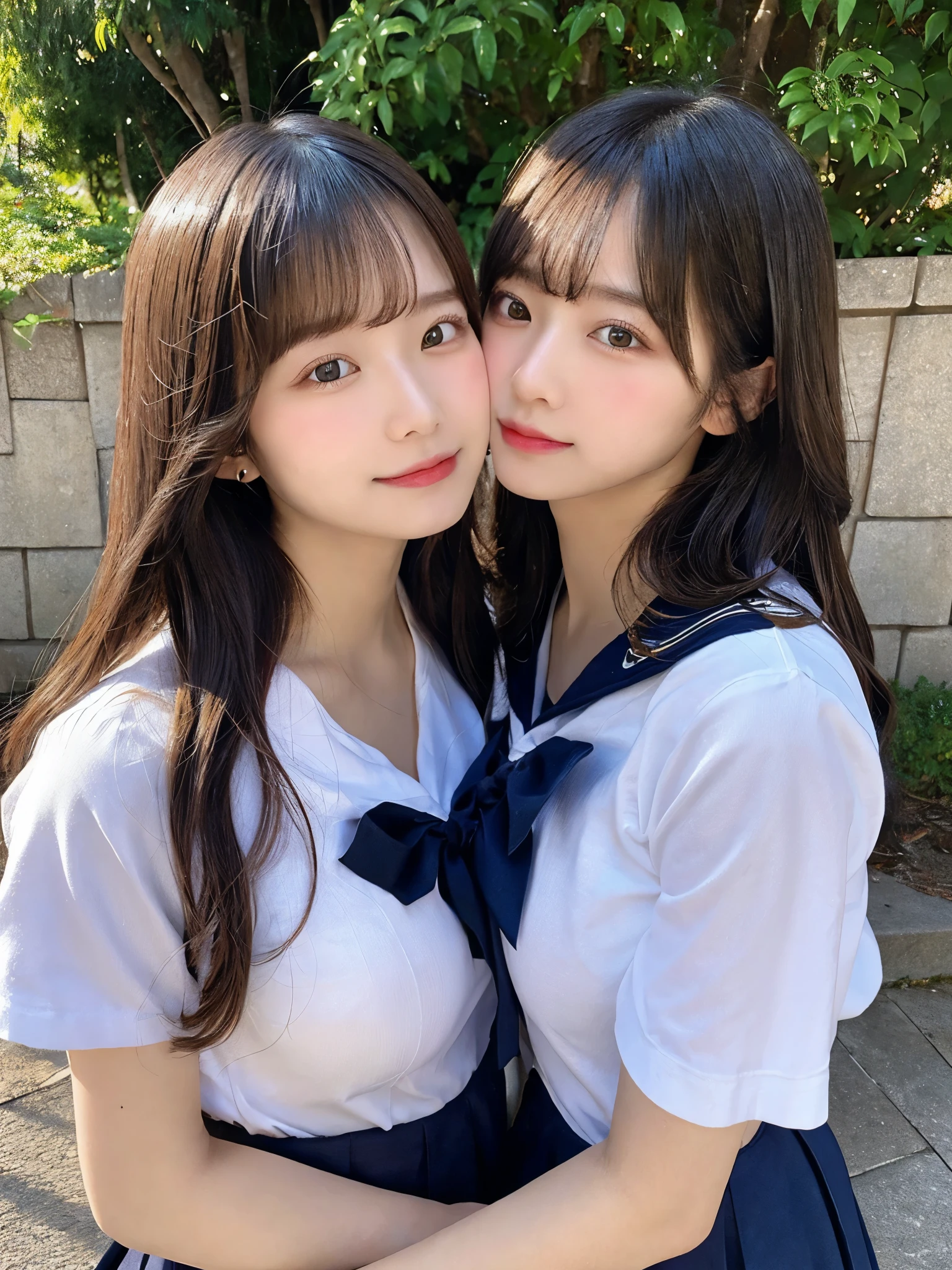 super fine illustration,masterpiece,best quality,ultra detailed,2girls,kiss,yuri,look at each other,sailor school uniform,short sleeves,breasts press against breasts,large breasts,closed eyes,medium hair,blush,shy,