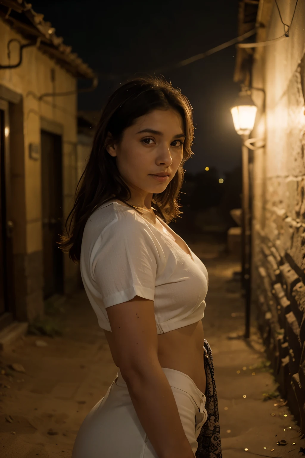 photograph of a 20 year old woman, en encaje viendo el atardecer 