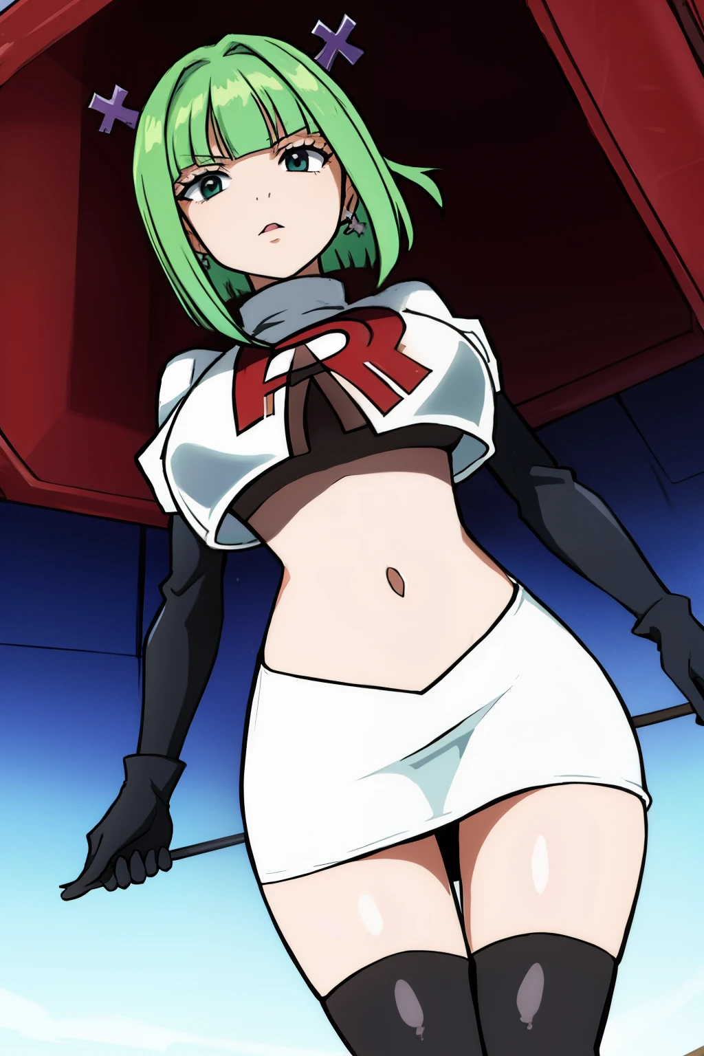 brandish, 1girl, solo, looking at viewer, simple background, cleavage, anime coloring, team rocket,team rocket uniform,white skirt,red letter R,crop top,black thigh-highs,black elbow gloves, 