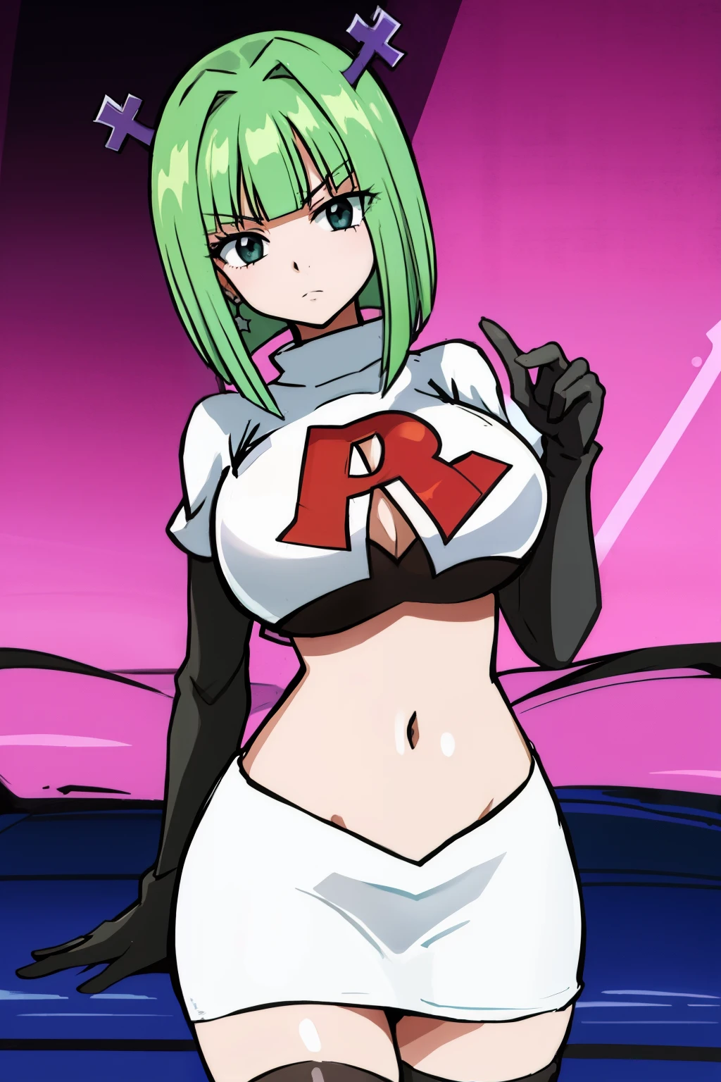 brandish, 1girl, solo, looking at viewer, simple background, cleavage, anime coloring, team rocket,team rocket uniform,white skirt,red letter R,crop top,black thigh-highs,black elbow gloves, 