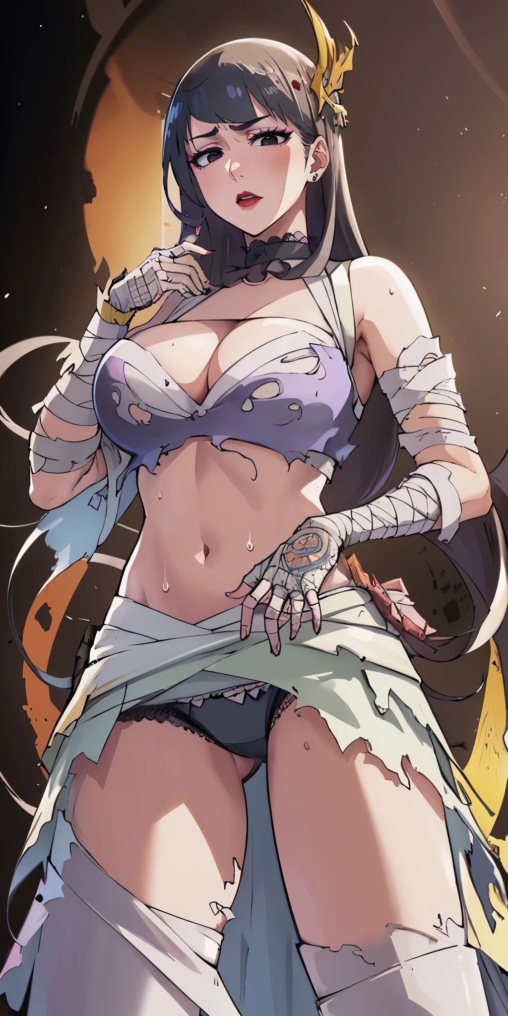 senjumaru shutara, (long hair, bangs, blunt bangs, black hair, sidelocks:1.5), (black eyes:1.5), makeup, lipstick, red lipstick, sweating, glowing eyes, heavy breathing, female focus, breasts, mummy costume, navel, bandages, frilled choker, frilled skirt, huge_breasts, torn_clothes, looking_at_viewer, hair_ornament, panties, mole, solo, wide_hips, sweating, "glow effects, godrays, Hand drawn, render, 8k, octane render, cinema 4d, blender, dark, atmospheric 4k ultra detailed, cinematic, Sharp focus, big depth of field, Masterpiece, colors, 3d octane render, 4k, concept art, trending on artstation, hyperrealistic, Vivid colors, extremely detailed CG unity 8k wallpaper, trending on CGSociety, Intricate, High Detail, dramatic", anime coloring, anime screencap, sweating, steaming body, fog