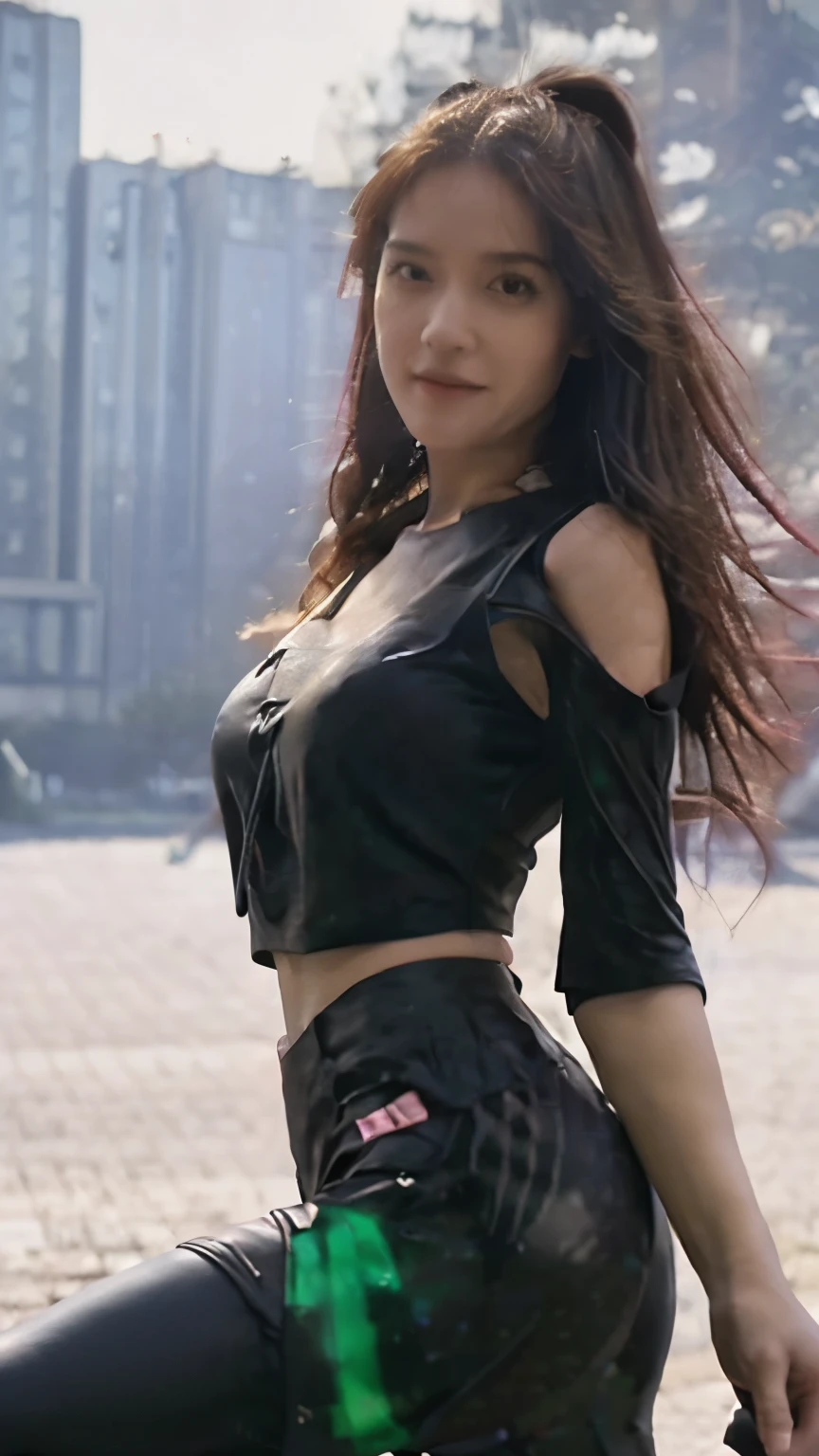 (Yaedef:1.4), 8k, highres, ultra detailed, (masterpiece:1.4), best quality, symmetrical body, (Black cropped cotton crop top:1.4), (black leather leggins:1.4), cute, solo, long hair, pink hair, purple eyes, glow effect, finely eye, wide smile, detailed face, looking at viewer, smilling at viewer, park, angled view, huge breasts