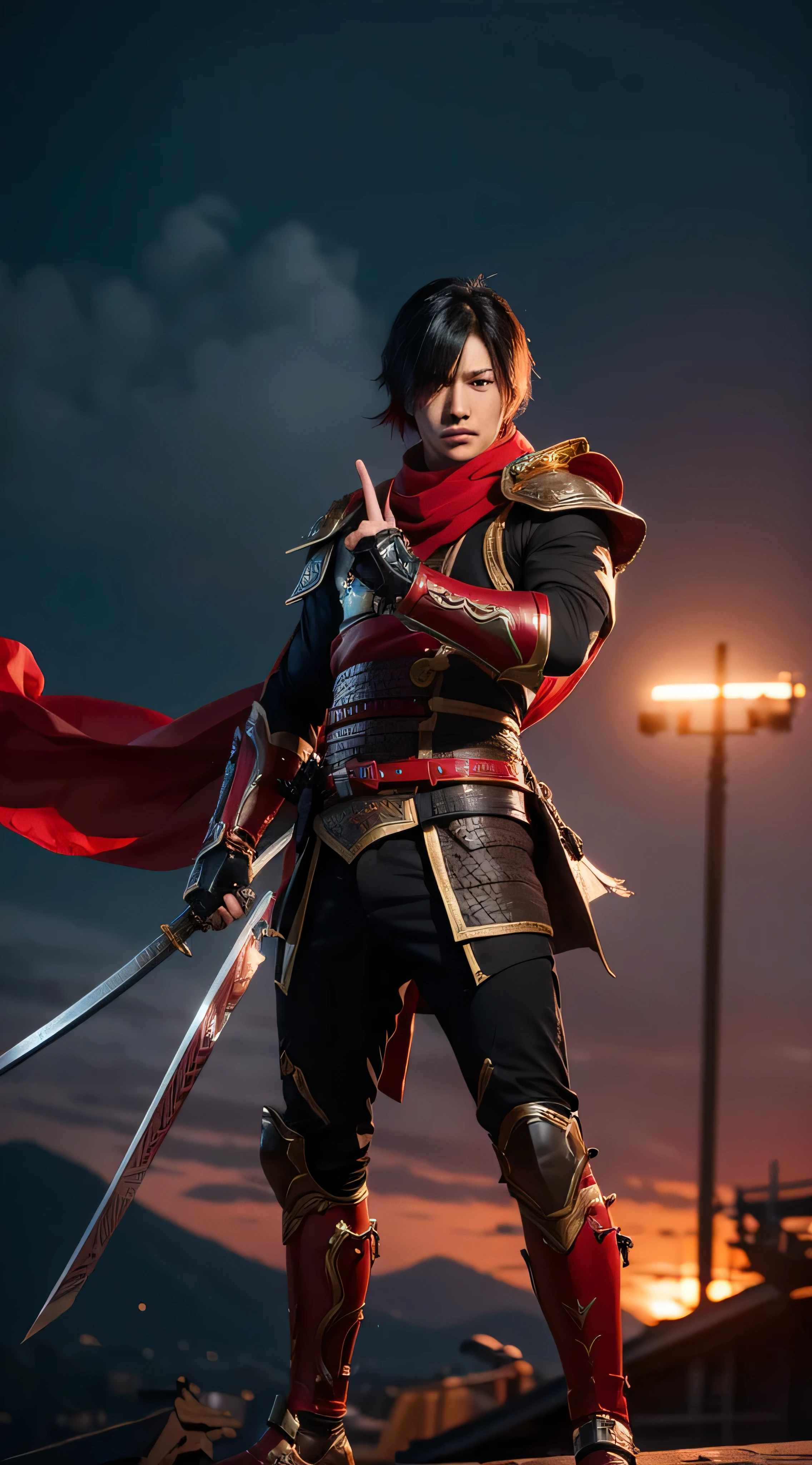 Handsome Indonesian male, Character in action pose, "HAYABUSA" cosplay costume from Mobile Legends Bang Bang, wearing dark armor with red accents and red scarf, with black mask, kurenai and samurai, standing on top of building, with dramatic background