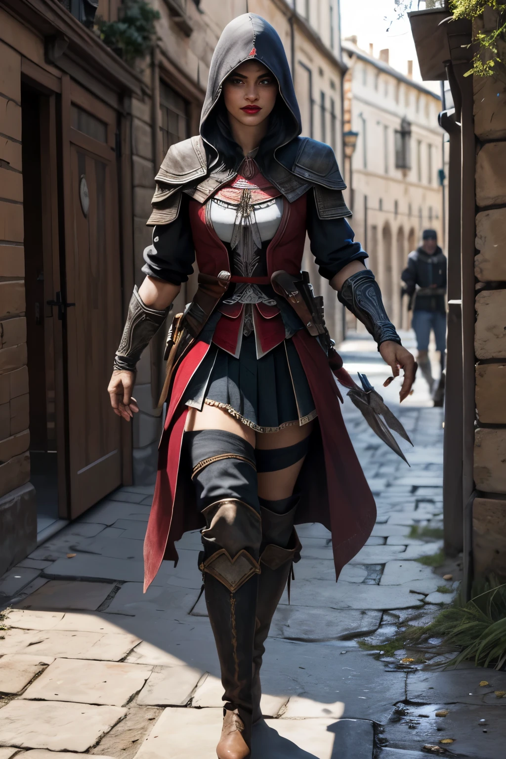 La mujer, Стиль Assassin's Creed, ropa corta, poca ropa, botas hasta la rodilla, Pulseras en las piernas, Ciudad medieval al fondo, Renacimiento, muy detallado, Realistic long-term photography.., 4k, ancho, By the chestnut, for the chestnut, labios rojos, red lips, Ojos marrones, grande, Pechos, pechos grandes, medias, medias, black medias, Medias negras, capucha, hood, brown eyes