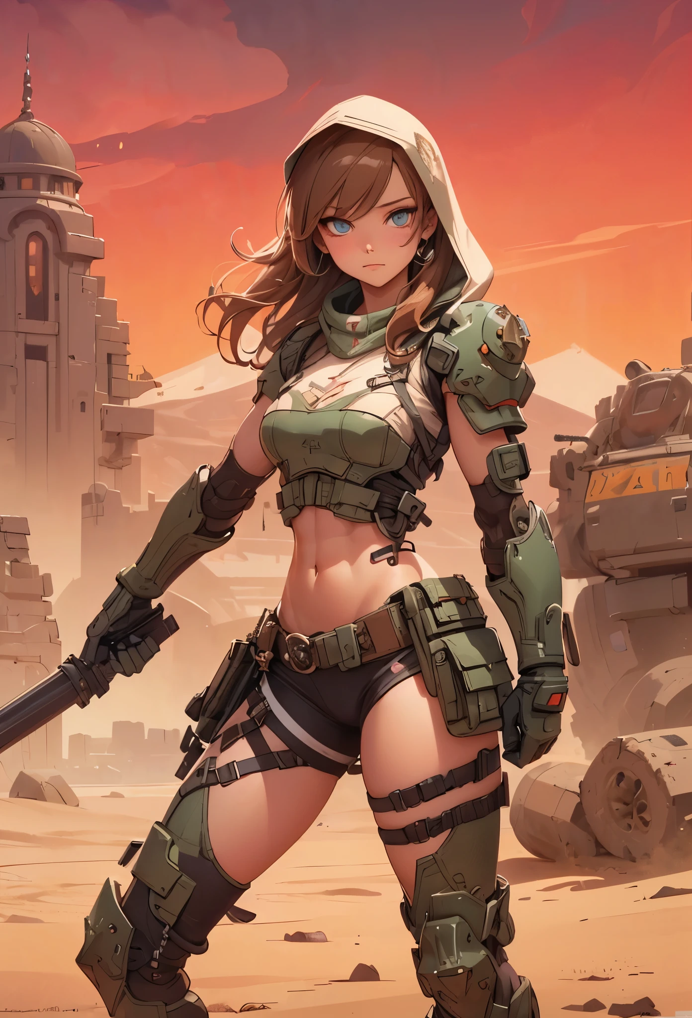 ((Highly accurate drawing in every detail)Extremely precise depiction)[High resolution],(detailed illustrations,とてもfineで緻密な描画,Delicate drawn lines with tempo,Realistic texture expression),[color traced main line],(mars battlefield [desert [ruins]]),[solo],HENTAI ((ANIME) BIONICGirl) Beauty (14 years old))((muscular)) [SKINNY],cyborg [MACHINEARMY Mobile Infantry Military],Bandolier [hood cloak [Barbarian knife]] [heavy mace [javelin]] [[artillery shell mortar grenade]],gravure [battle damage],[retro future],(intricate and beautiful decoration [Dense detail]),(Fine and beautiful skin expression [transparency]),((Precisely drawn eyes))[完璧な目のdetailed((Beautiful eyes like jewels)Iris drawn in precise detail)[clearly drawn pupils]],[eye light[Pinpoint lighting for the eyes]],[long and beautiful eyelashes],[precisely drawn hair [美しく艷やかな髪のdetailed]],(完璧な手のdetailed [Beautiful fingers with no damage [beautiful nails]]),(perfect anatomy(perfectly balanced proportions))[[full body portrait]],[[Highly constructed design]][ideal color coordination(Accurate simulation of light and material interactions)],([precision detail](detailed,高fine)),[Visual art that tells a story],((highest quality)fine[[High density drawing]])(4K quality).