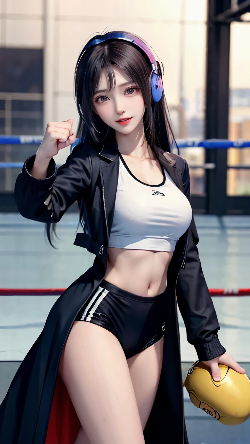 girl in sportswear、Supermodel、perfect shape、、sports girls、beautiful feet、coat、cyber punk、headphone、Innocent face、A beautiful girl in sportswear punches a man with a smile、boxing match