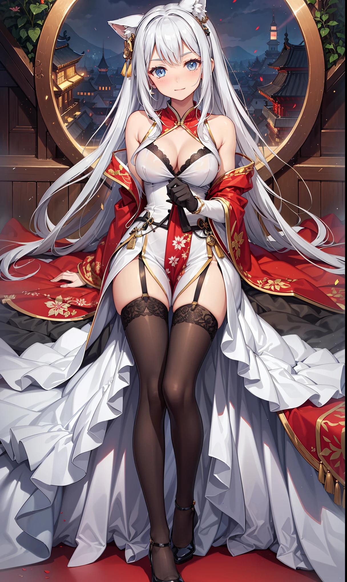 Virgin，Elegant and charming，hapiness，gentle expression，in love，(Transparent colorful Hanfu，Sophisticated and gorgeous design)，black gloves，silver hair，blue eyes，see through transparent clothes，Exquisite hair accessories，Transparent lace，Engraving pattern，dress nicely，The background is an old Chinese palace，Inside the hall，elegant posture，night，(long garters:1.1），Super super details
