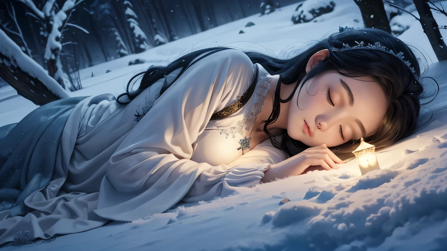 1 beautiful fairy、Sleeping、With the fairy in front、Snowy outside、snow scene at night、high resolution、mysterious、high resolution、