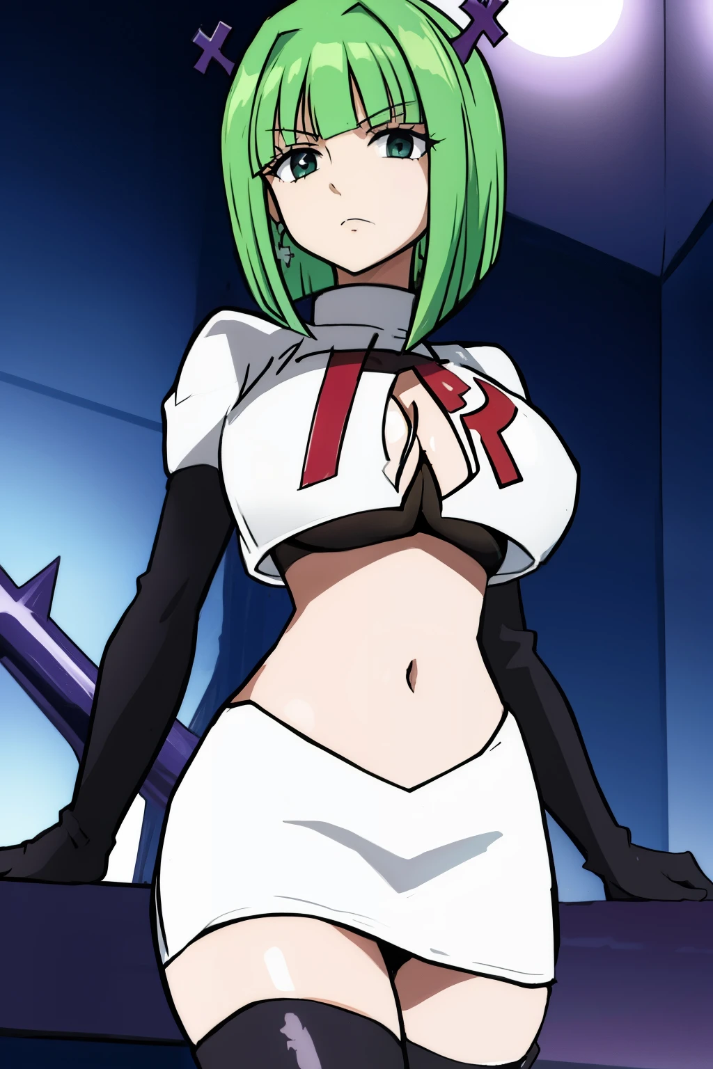 brandish, 1girl, solo, looking at viewer, simple background, cleavage, anime coloring, team rocket,team rocket uniform,white skirt,red letter R,crop top,black thigh-highs,black elbow gloves, 