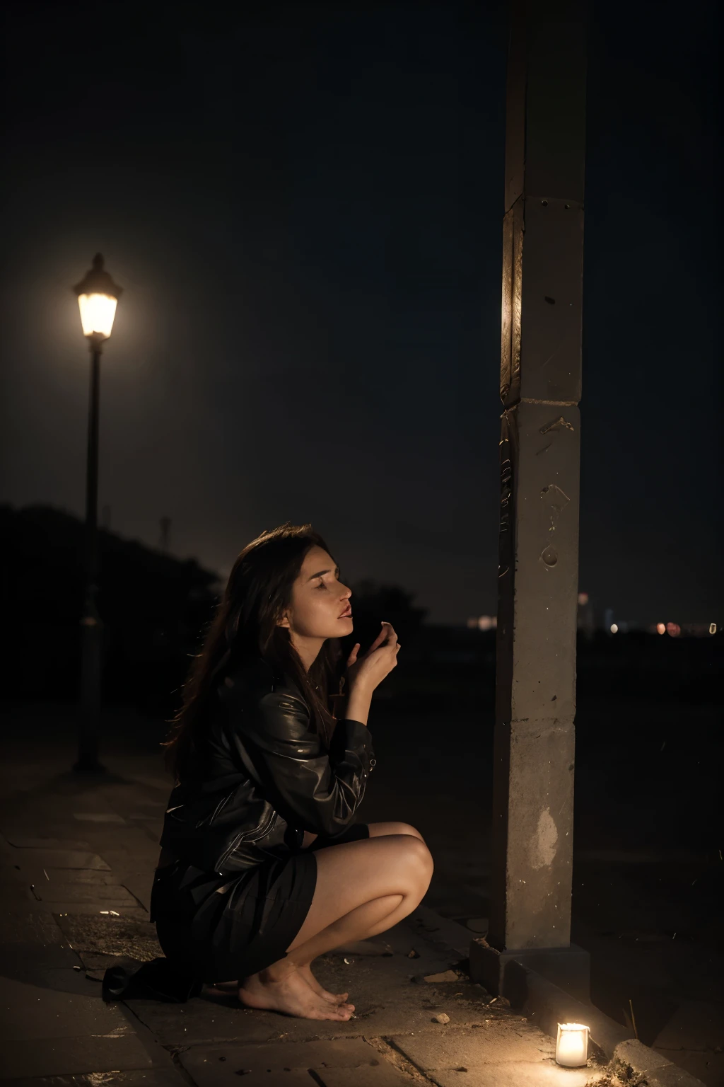 ((Mejor calidad)), ((Obra maestra)), (detallado), cara perfecta, En esta portada, a deep sense of melancholy surrounds the scene, projecting a hauntingly beautiful aura over the composition. Un individuo, Envueltos en sombras, It is located in the middle of an empty city immersed in the silence of the night.. Lo suave, The dim glow of streetlights imparts a dreamlike quality to the cityscape.. la luna creciente, una simple astilla en el cielo, adds to the otherworldly atmosphere, y delicados zarcillos de niebla se enroscan con gracia alrededor de las farolas, invocando un aire de enigma. La pieza central de la portada es la figura solitaria., una silueta triste que se funde perfectamente con el paisaje urbano, Capturando la esencia de la soledad y el anhelo., evoking the silent longing of the heart. Revisando esta evocadora escena, deeper emotional resonance develops. La ciudad, ahora completamente desierto, appears as a shadowy picture of memories. Forgotten fragments of love stories and long-lost connections lie scattered at the feet of the enigmatic figure... Broken letters in the shape of a heart, half-burnt sepia toned photographs, and a single withered rose speak of a love that once thrived but now remains relics of a distant past... los instrumentos musicales, una vez vibrante y vivo, ahora descansa en silencio, that embodies the stillness that has taken over a world that once pulsed with excitement. arriba, El cielo nocturno es un lienzo arremolinado de azules profundos., grises, and indigos, simboliza el turbulento viaje emocional que encapsula la portada. It is an intimate portrait of the passage of time., la fragilidad del amor, and the profound beauty found in the quiet contemplation of solitude..