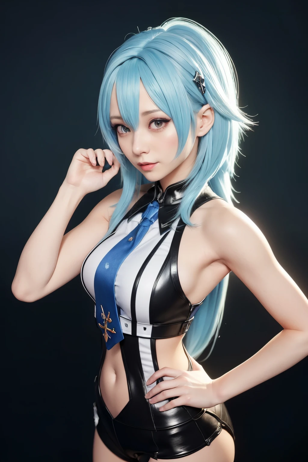 There is a blue hair、woman in black top, anime style. 8k, Portrait of Hatsune Miku, 8K Artgerm bokeh, blue hair girl, Realistic anime girl rendering, Hatsune Miku portrait, mikudayo, Realistic anime art style, 3D animation realistic, Produced by Anime Painter Studio, pretty blue hair girl