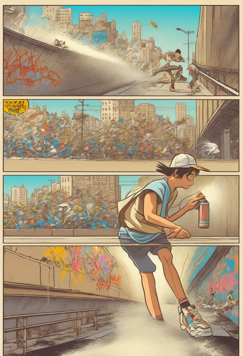 (Hayao miyazaki comic strip:1.4), of an Electricboogaloo style young delinquent wearing a baseball cap, shorts, t-shirt, sneakers and heavy gold chains, spraying graffiti on the walls of an underpass, busted by the police he drops his spray can and makes a run to escape, ((comic_panel_layout:1.3, in the style of a comic book story, split panel layout))