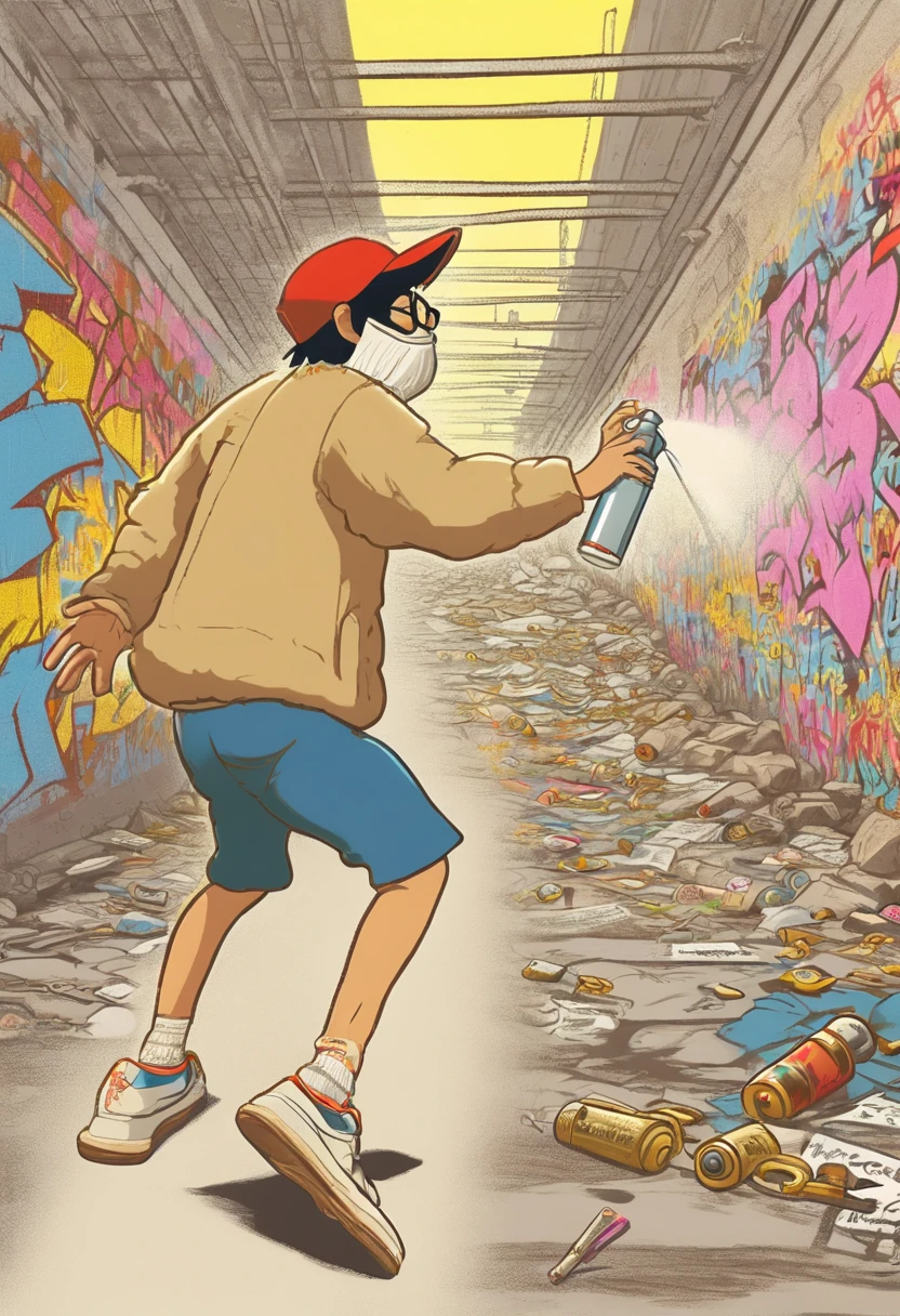 (Hayao miyazaki comic strip:1.4), of an Electricboogaloo style young delinquent wearing a baseball cap, shorts, t-shirt, sneakers and heavy gold chains, spraying graffiti on the walls of an underpass, busted by the police he drops his spray can and makes a run to escape, ((comic_panel_layout:1.3, in the style of a comic book story, split panel layout))