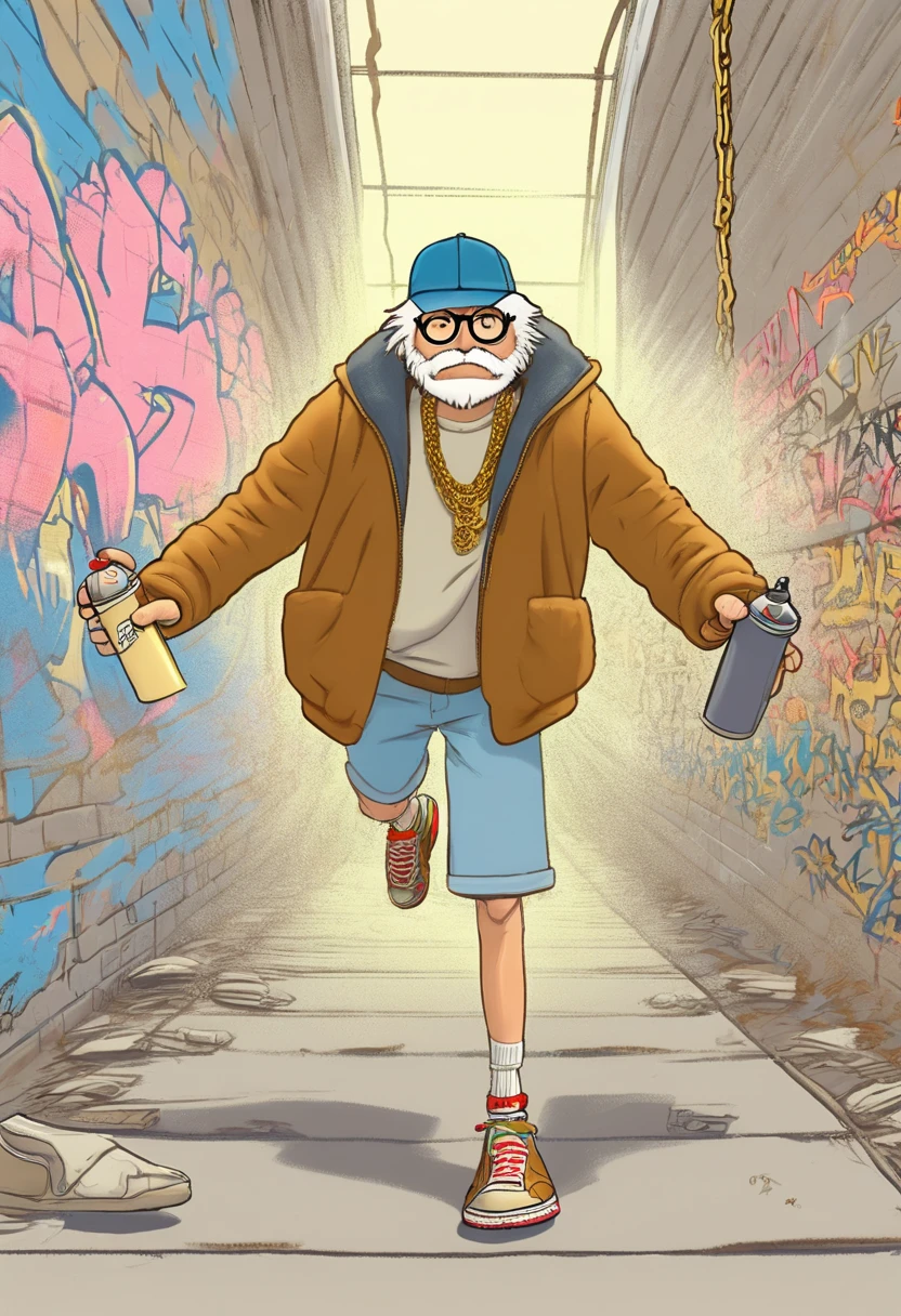 (Hayao miyazaki comic strip:1.4), of an Electricboogaloo style young delinquent wearing a baseball cap, shorts, t-shirt, sneakers and heavy gold chains, spraying graffiti on the walls of an underpass, busted by the police he drops his spray can and makes a run to escape, ((comic_panel_layout:1.3, in the style of a comic book story, split panel layout))