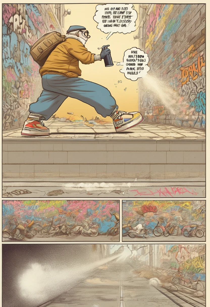 (Hayao miyazaki comic strip:1.4), of an Electricboogaloo style young delinquent wearing a baseball cap, shorts, t-shirt, sneakers and heavy gold chains, spraying graffiti on the walls of an underpass, busted by the police he drops his spray can and makes a run to escape, ((comic_panel_layout:1.3, in the style of a comic book story, split panel layout))