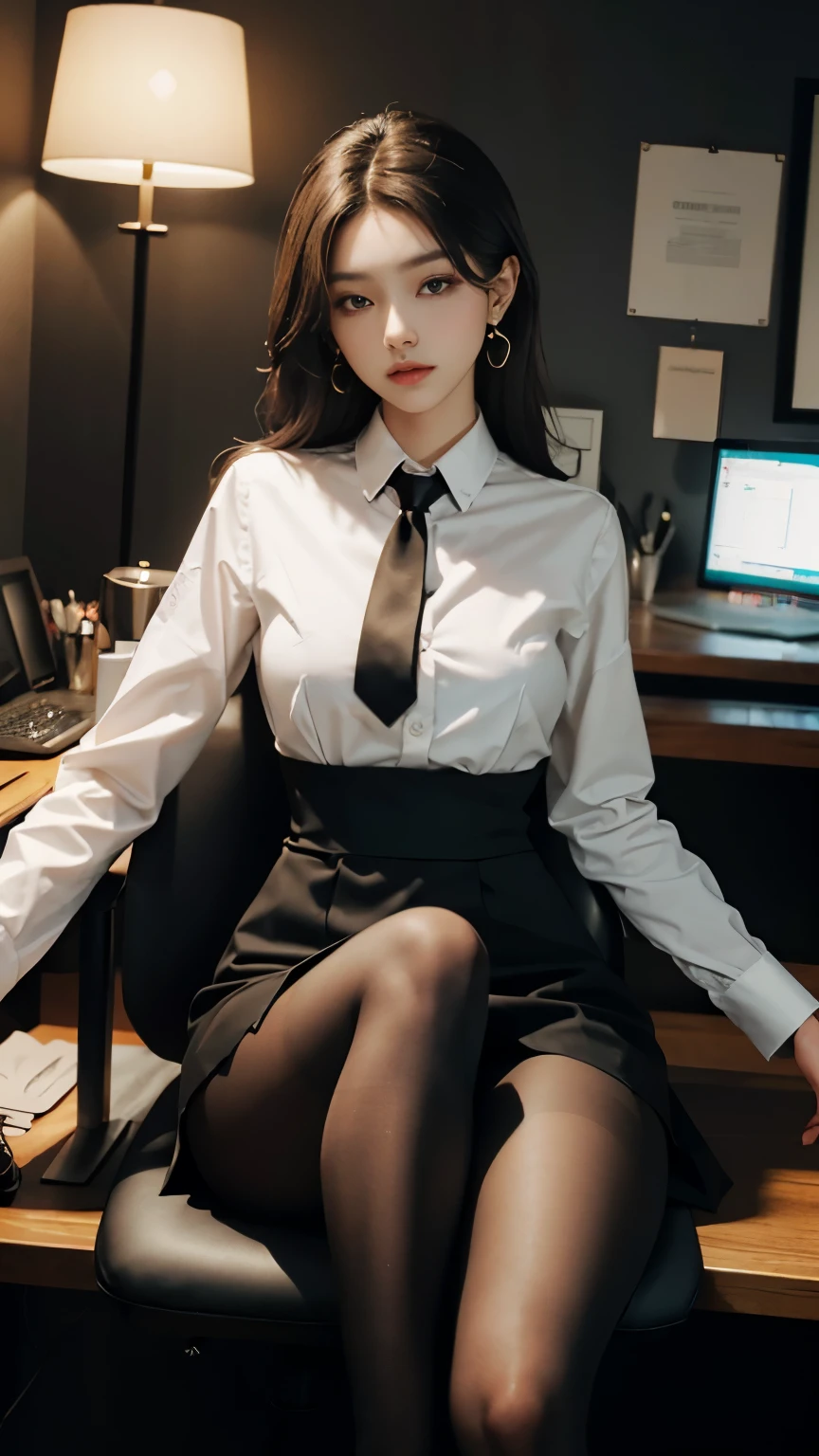 (Masterpiece), ((Best quality)), (Masterpiece,Best quality,offcial art,Extremely detailed Cg Unity 8K wallpaper), (the most Noble and beautiful), (Highly educated woman),Beauty photo, A lady,solo,(Elegant upper-class super elite secretary in a business shirt),Perfect look,Double eyelid eyes,Delicate makeup, working in an office,wearing a strict business suit, (Wear pantyhose),Wear high-end heels,Girl in shirt, dressed in a suit, huge tit,full bodyesbian,dressed in a suit, dressed in a suit, merchant, Business clothes, wearing black suits, Wear a shirt and skirt, Woman in a suit, Business attire,Computer chair,Seated,Erlang legs,high-heels,view the viewer,brightly,Complicated details,foot focus,from below,cool beauty,(tall girl),Dark brown hair, Small piercings,Precisely expresses details such as face and skin texture,(the most beautiful face and eye), double eyelid,delicate skin,slender body shape,alone,big breasts,(Wearing the most beautiful and noble small earrings),